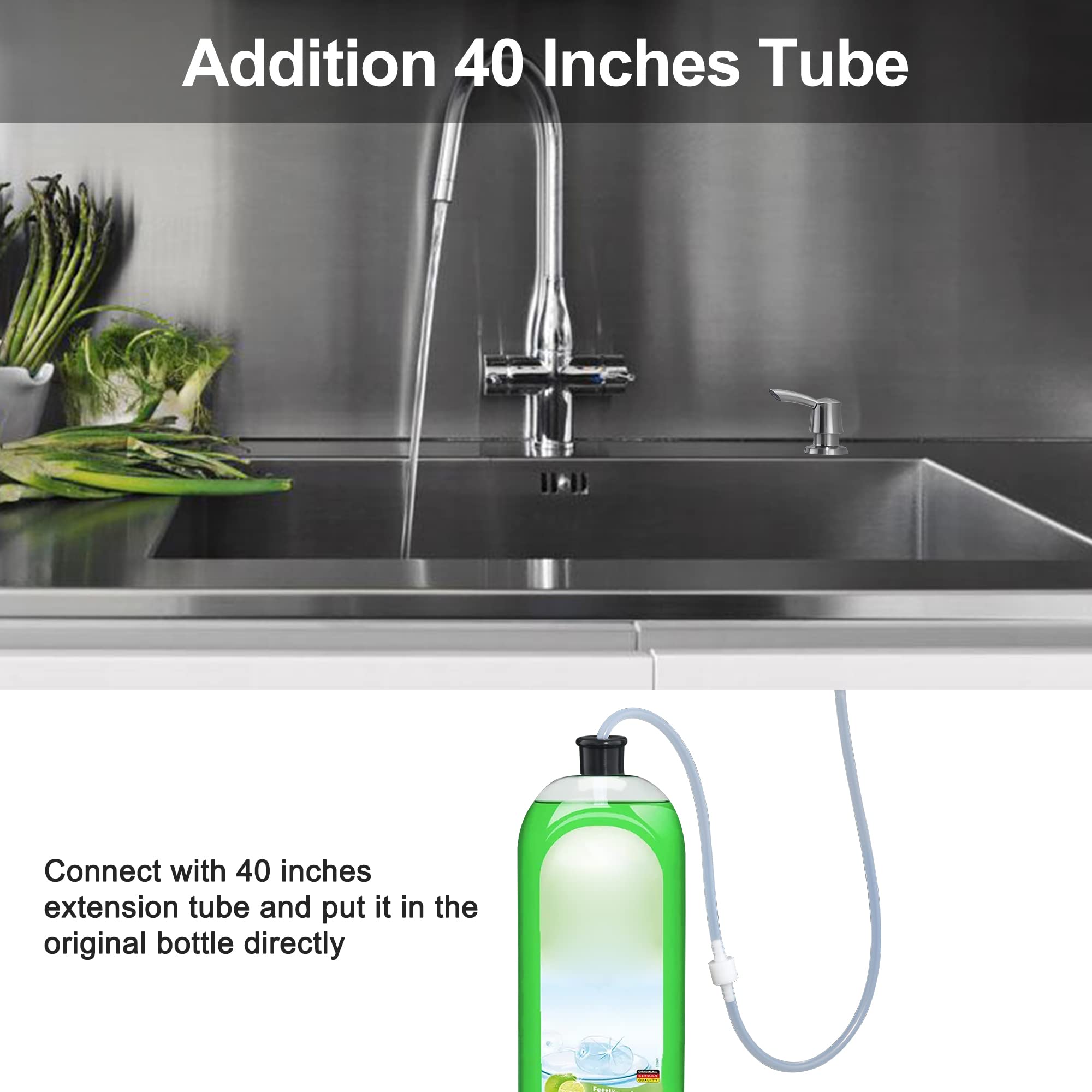 Under Sink Soap Dispenser for Kitchen Sink - 40 Inch Extension Tube Kit, Built-in Dish Sink Soap Dispenser with No More Refills - Brushed Nickel Finish | Perfect for Home Kitchen, RV, and Outdoor Use - YardMonet