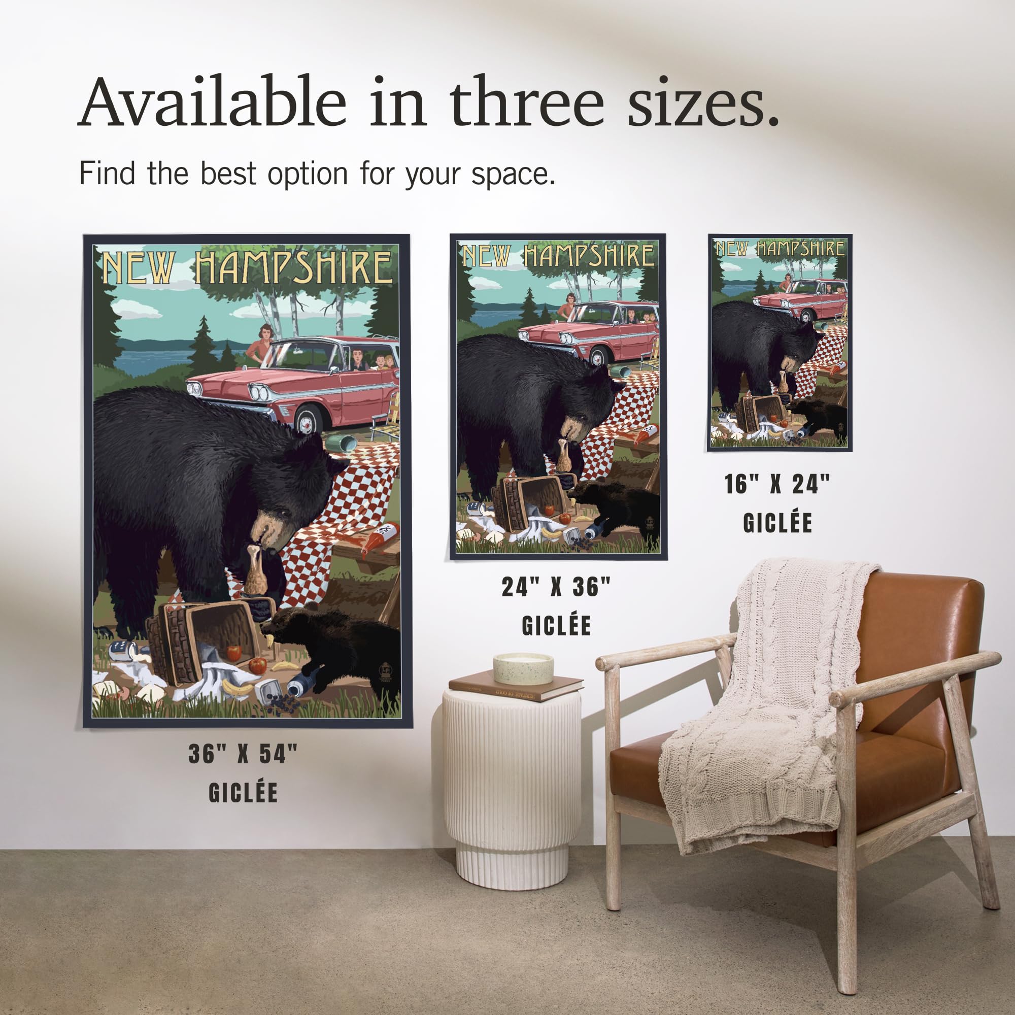 Lantern Press 16x24 Inch Giclee Print - New Hampshire Bear & Picnic Scene Wall Art - Perfect for Home Decor, Living Room, Bedroom & Office