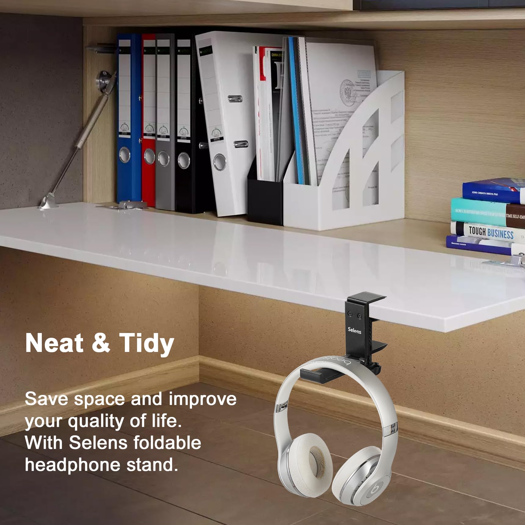 Selens Foldable Headphone Holder - Space Saving Aluminum Headset Hanger for Gaming & Over-Ear Headphones, Universal PC Desk Stand for Soundbars & Headsets - Perfect for Home Office, Gaming Setup & Workspace Organization
