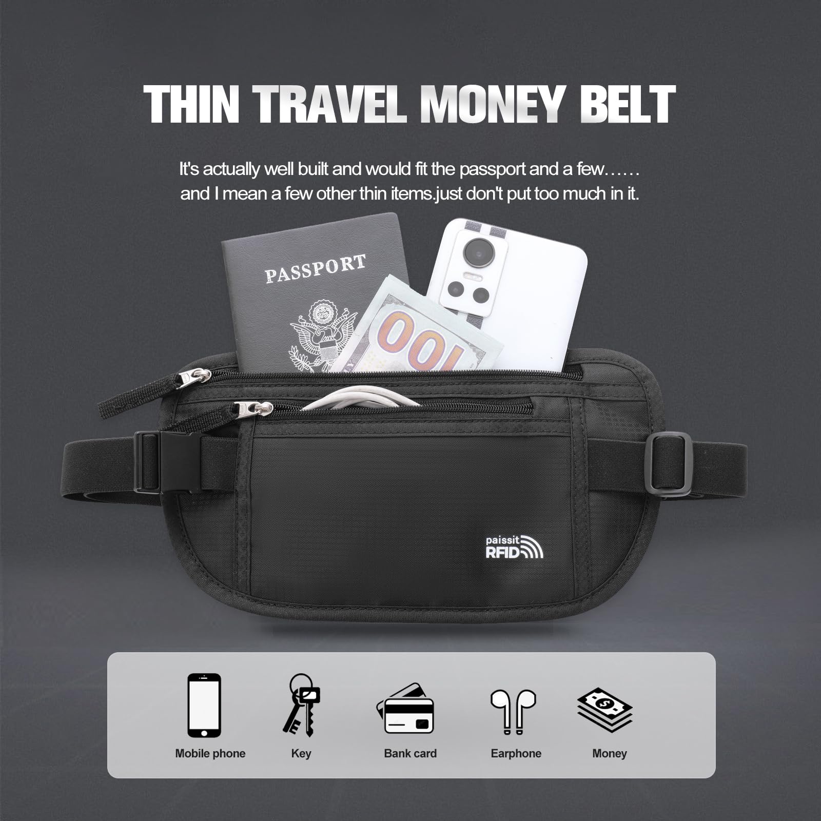 RFID Blocking Unisex Travel Money Belt - Slim Passport Holder & Adjustable Waist Pouch for Men & Women | Perfect for Workout, Running, Hiking & Travel | Black with 8 Card Sleeves