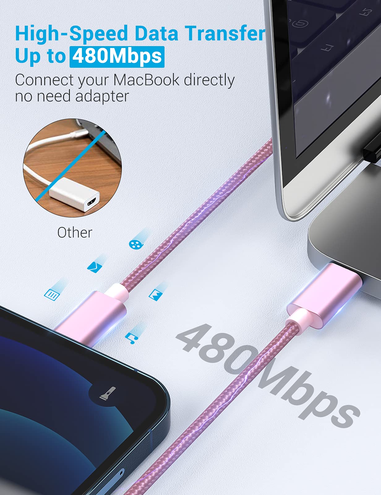 **MFi Certified USB C to Lightning Cable 3 Pack (6ft) - Fast Charging & Data Sync Nylon Braided iPhone Charger Cord for iPhone 14/13/12/11/Pro Max/X/8/SE, iPad & MacBook - Durable & Tangle-Free (Pink) - Perfect for Home, Office & Travel**