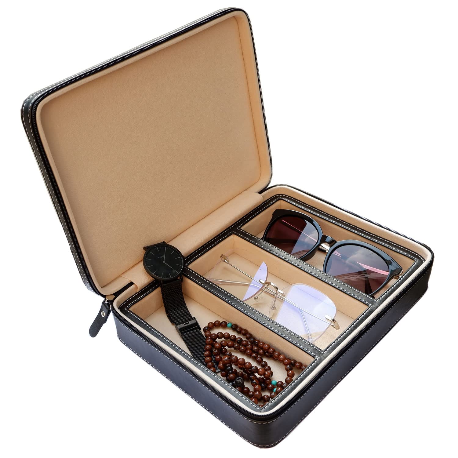Beaufort 3-Slot PU Leather Eyeglass Case - Sunglasses Storage Box & Jewelry Display Organizer with Watch Compartment for Men & Women | Perfect for Travel, Home Decor, and Gift Giving