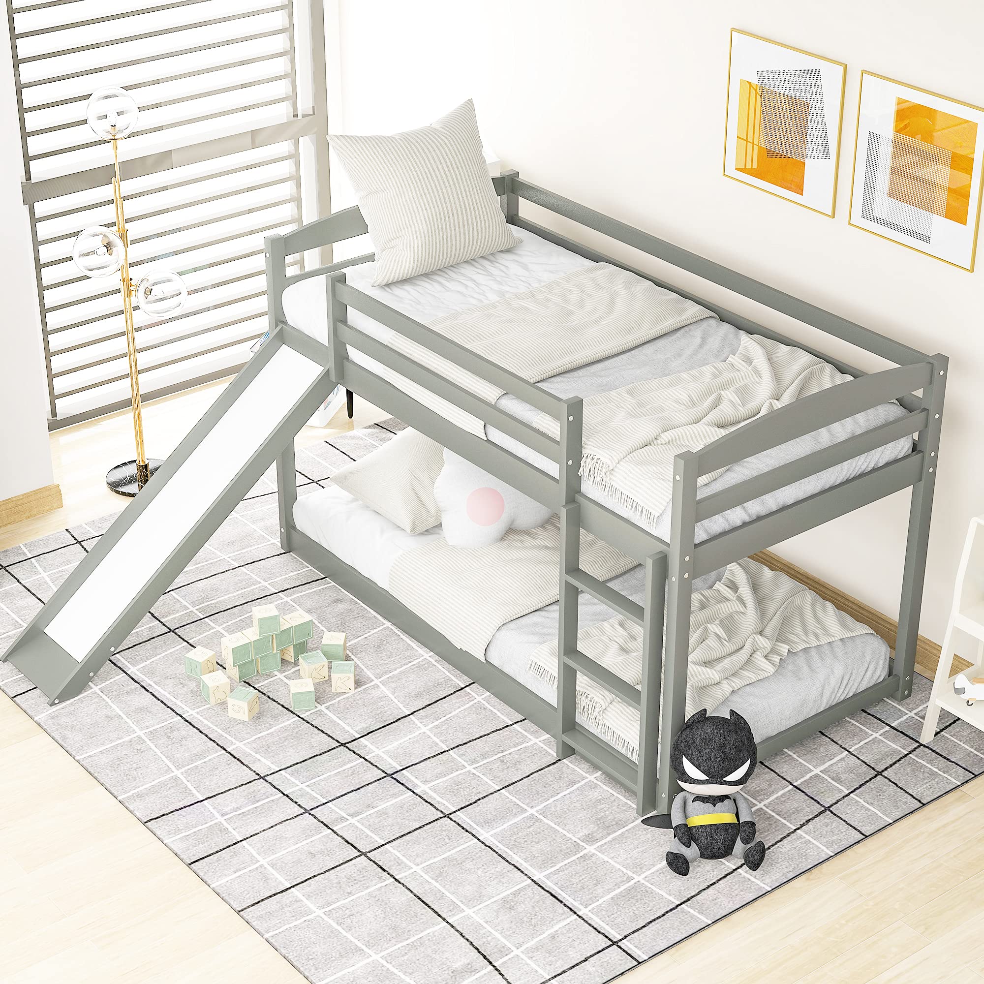 Convertible Twin Over Twin Bunk Bed with Slide - Wooden Low Loft Bed Frame with Safety Guardrails & Ladder for Kids, Teens, Boys & Girls - Grey | Space-Saving Kids Bedroom Furniture for Small Rooms, Dorms & Shared Spaces