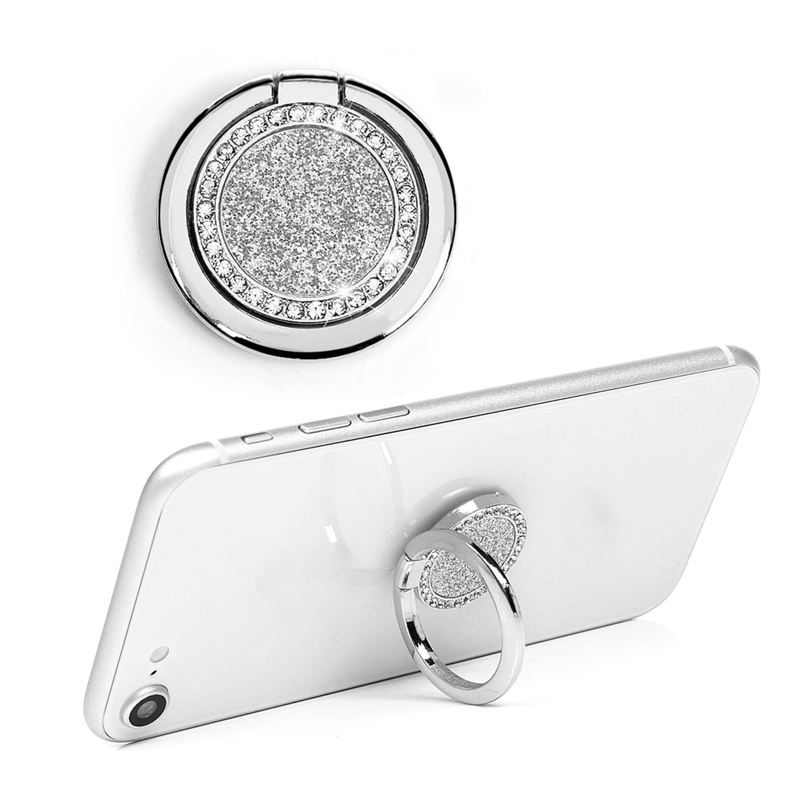 Mavis's Diary Bling Cell Phone Ring Stand Holder - Universal 360° Rotation Metal Buckle Tablet Finger Grip Kickstand for iPhone, Galaxy, LG, Google, Moto & All Smartphones (Silver) - Perfect for Work, Travel, and Video Calls