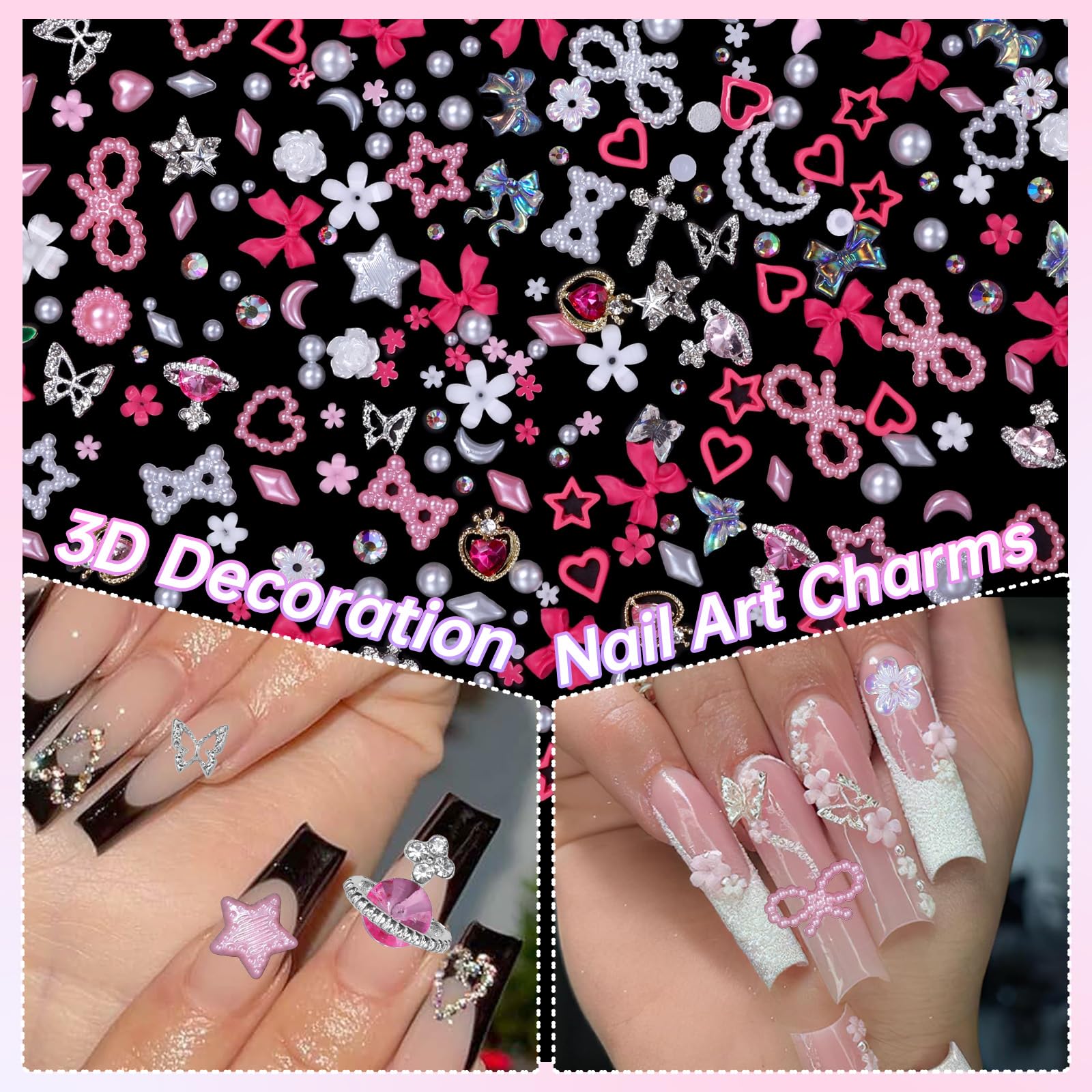 Tatiwoo 1200 Pcs 3D Nail Charms Kit - White & Pink Nail Art Decorations with Bows, Flowers, Bears, Butterflies & AB Rhinestones for DIY Manicure & Nail Jewelry | Perfect for Home Salon, Party Nails, Gift Giving