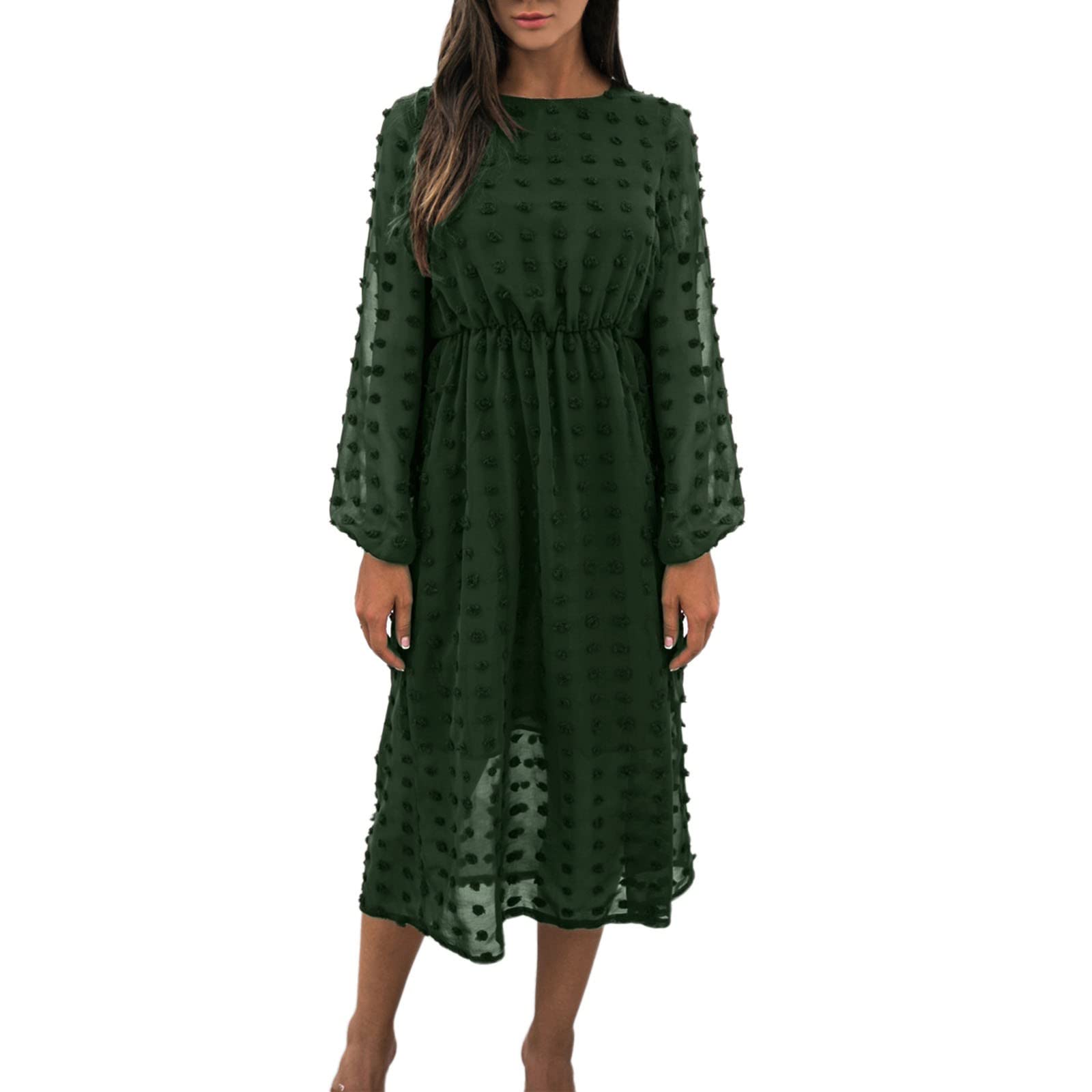 Women's Casual Chiffon Tunic Dress - Long Sleeve Round Neck Dot Print High Waist Flowy Tops - Perfect for Work, Office, Date Night & Spring/Summer Outfits