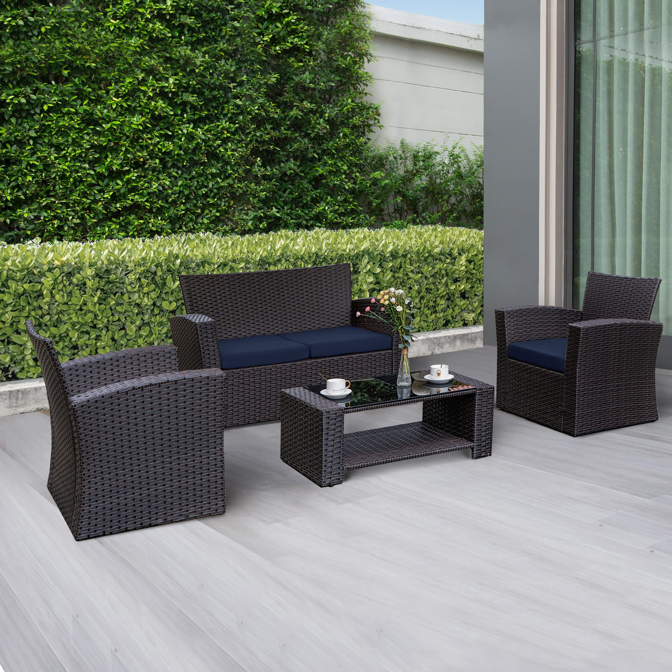 WO Home Furniture 4-Piece Patio Conversation Set - Black Rattan Wicker Sofa, Chairs & Table with Navy Blue Pillow Cushions | Outdoor Garden, Backyard, Poolside Lounge Furniture