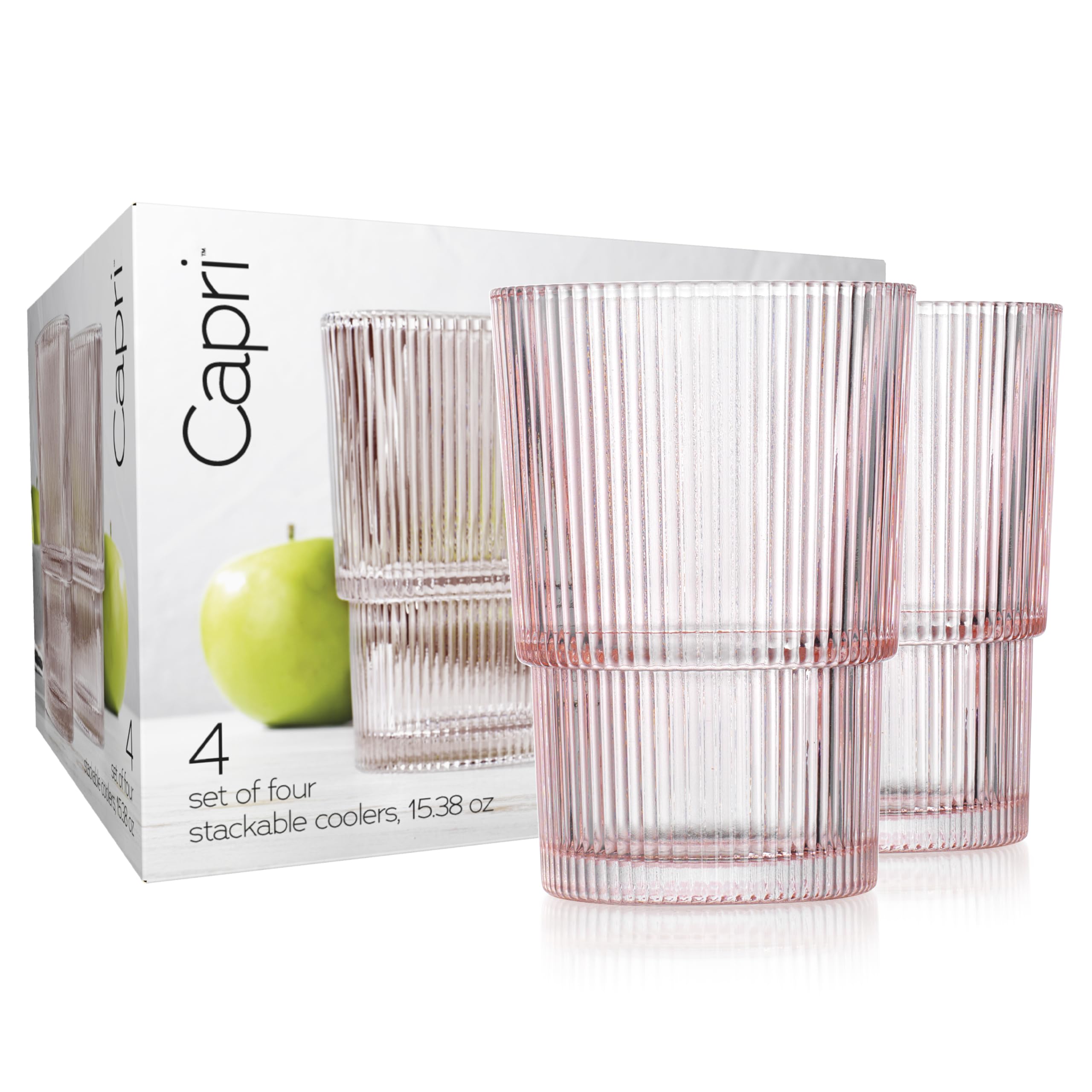 Vintage Pink Ribbed Drinking Glasses Set of 4 - 15.38 oz Stackable Highball Glasses for Juice, Iced Coffee, Water & Beverages - Blush Color Retro Glassware - Perfect for Home Bar, Kitchen, Parties & Gift Giving
