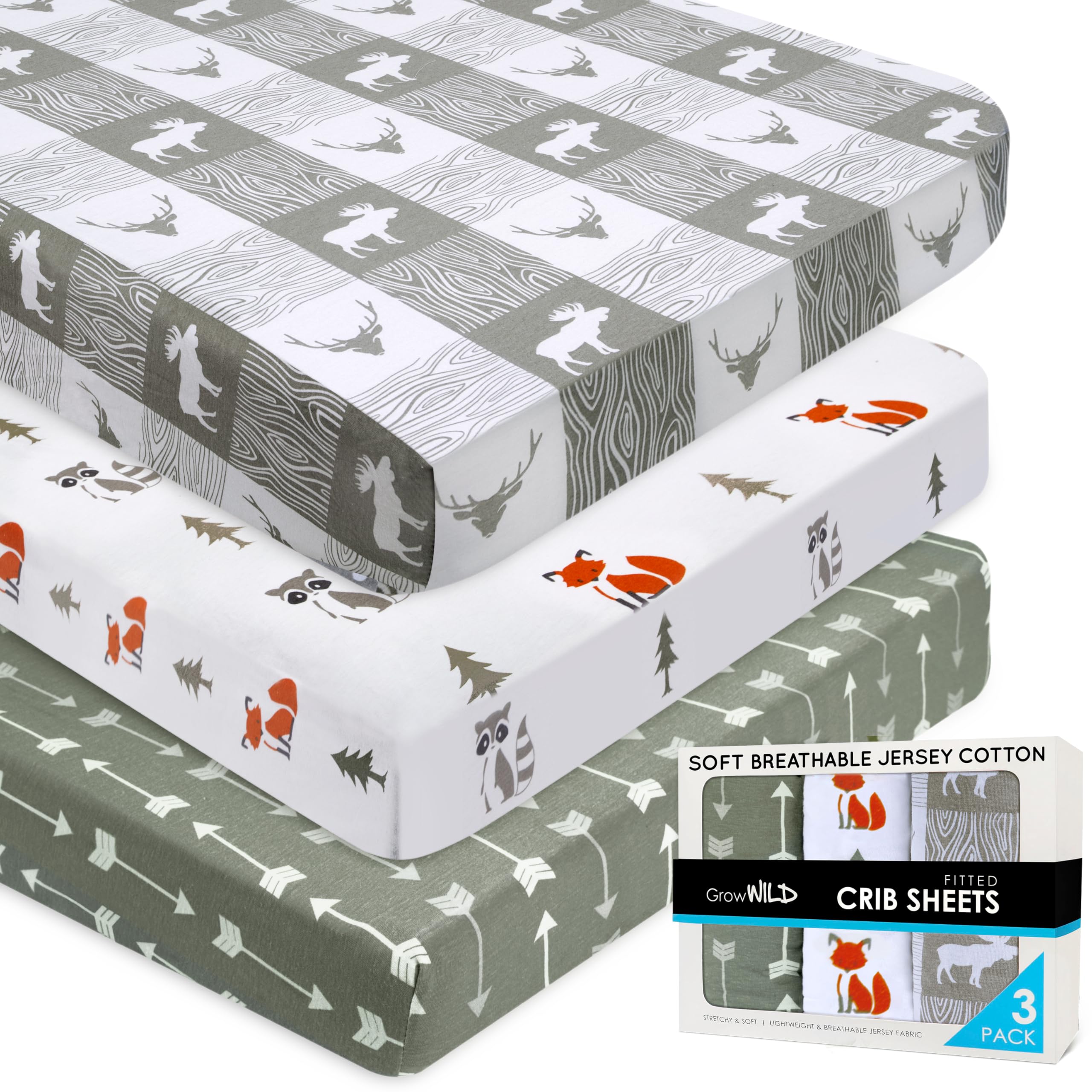GROW WILD Wooland Fitted Crib Sheets 3-Pack - Ultra Soft Cotton Jersey Knit Baby Bed Sheets for Boys & Toddlers | Perfect for Nursery, Daycare & Travel | Fits Standard Crib Mattresses