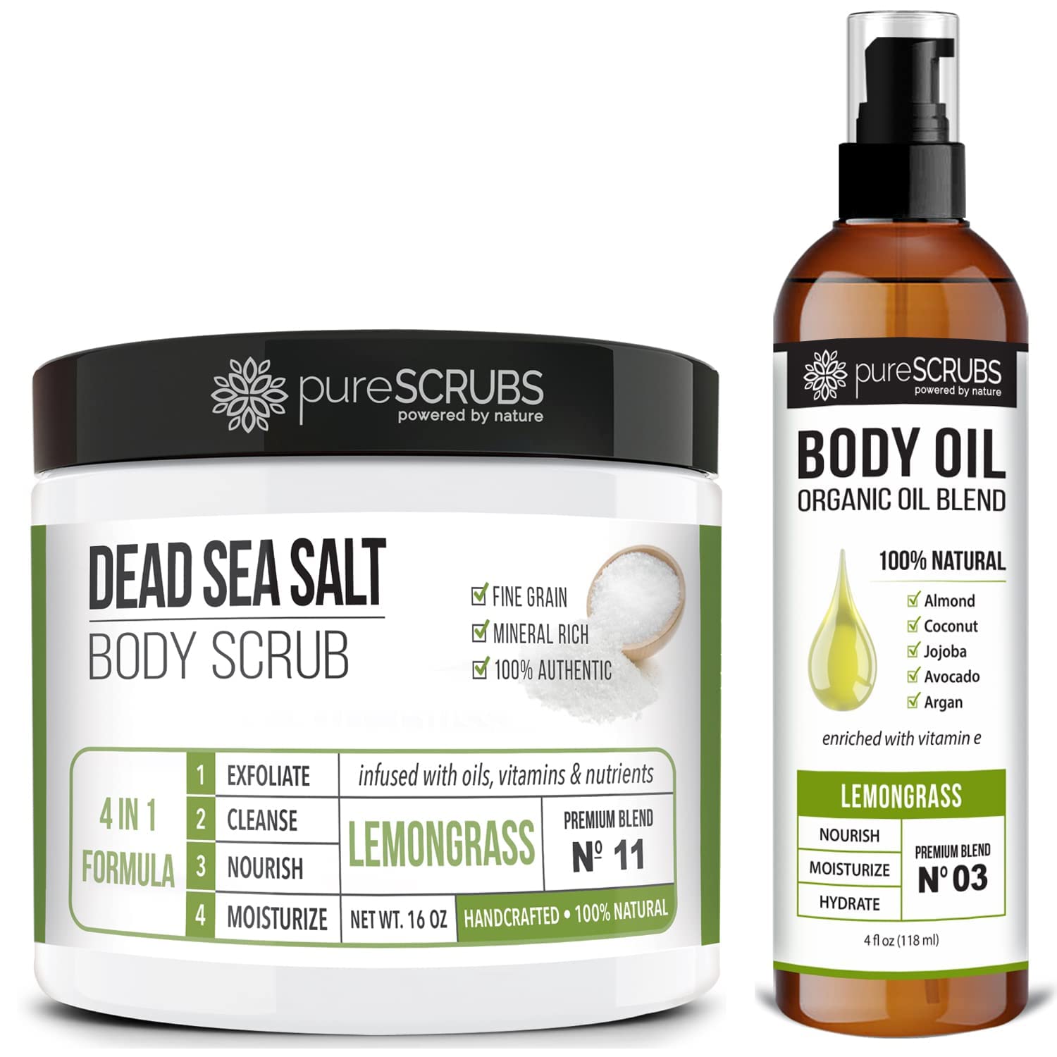 PureSCRUBS Lemongrass Exfoliating Body Scrub & Nourishing Body Oil Set - Spa Quality Skincare Duo for Soft, Glowing Skin | Perfect for At-Home Spa Days & Self-Care Routines