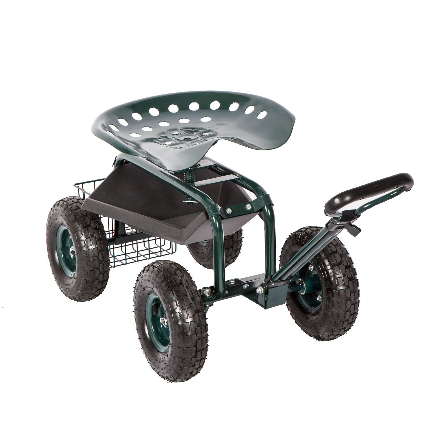 Heavy-Duty Garden Cart with Swivel Seat & Wheels - Foldable Gardening Wagon with Extendable Handle & Tool Tray for Planting, Yard Work & Outdoor Use - Perfect for Patio Maintenance, Landscaping & Backyard Projects (Green)