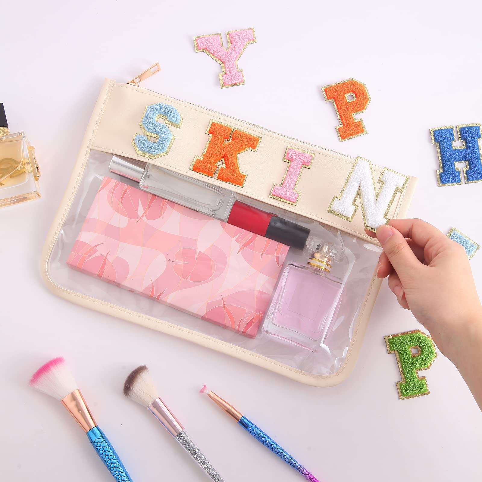 Waterproof Clear Makeup Bag for Women - Travel Cosmetic Organizer for Toiletries & DIY Chenille Letters