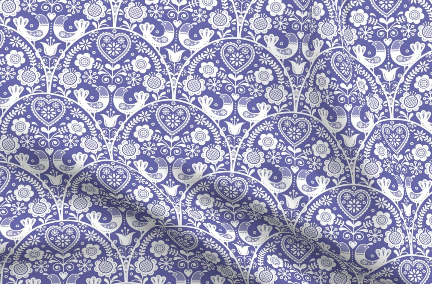 Scandinavian Floral Birds Hearts Periwinkle Printed Chiffon Fabric Fat Quarter - Sewing, Fashion Apparel, Dresses & Home Decor - Perfect for DIY Crafts, Quilting, and Scandinavian-Inspired Home Decor