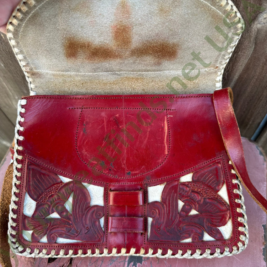Vintage Mexican Red & White Leather Shoulder Bag Purse for Women - Handmade Crossbody Boho Purse - Perfect for Travel, Shopping & Everyday Use