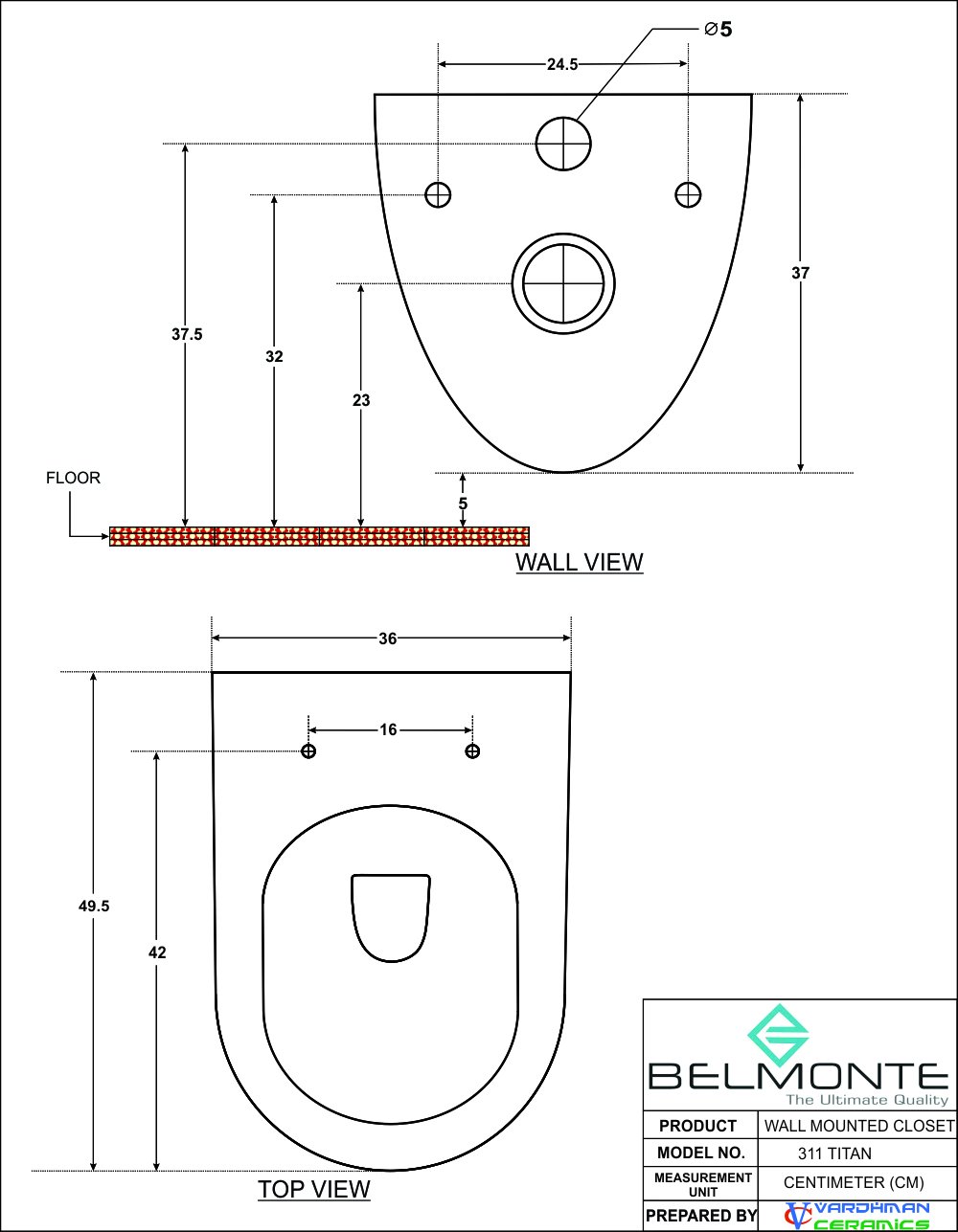 Belmonte Wall-Mounted Toilet with Flush Valve & Soft-Close Seat - White | Space-Saving Modern Bathroom Solution for Small Bathrooms & Powder Rooms
