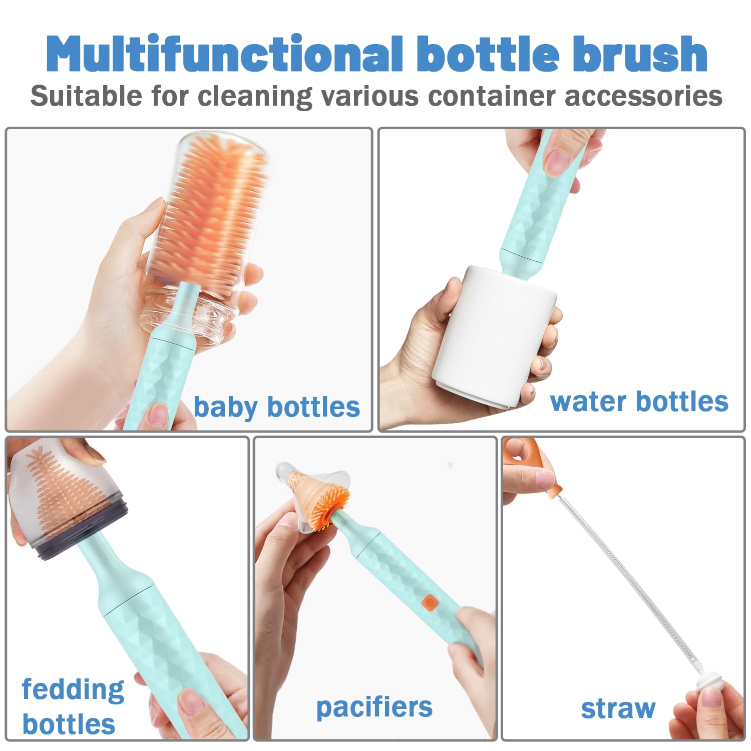Electric Bottle Cleaning Brush Set - 4 Pack Baby Bottle Brush, Nipple Cleaner & Straw Brush for Newborns - Perfect for Sterilizing Water Bottles, Pacifiers and Baby Feeding Accessories | Ideal for Nursery, Travel & Daily Baby Care