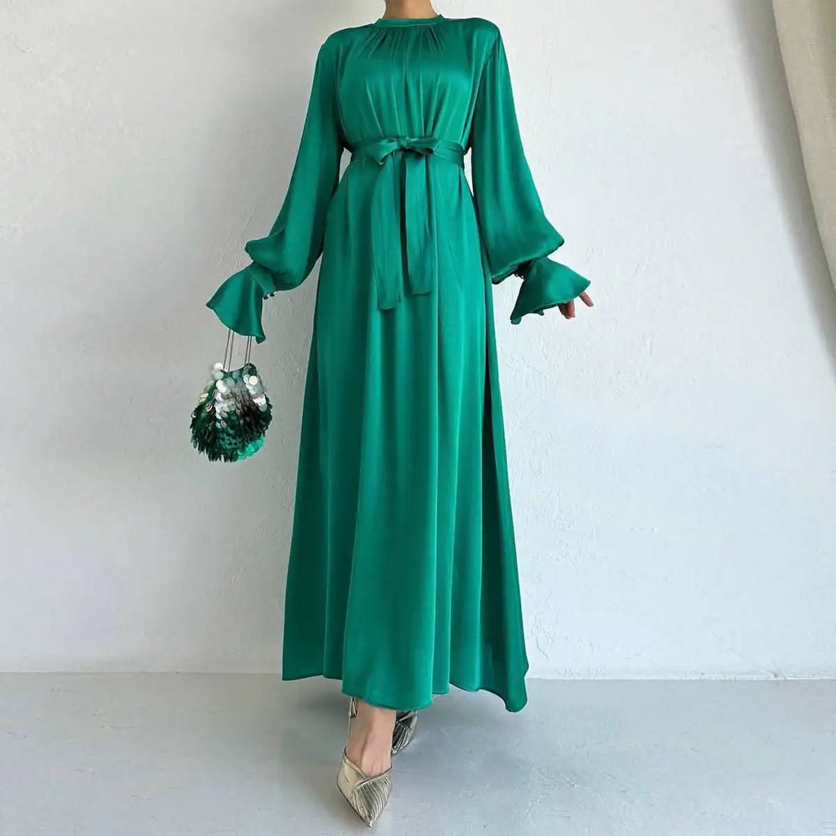 Elegant Ruffle Sleeve Satin Abaya Dress for Women - Modest Islamic Prayer Dress - Perfect for Eid, Wedding & Special Occasions