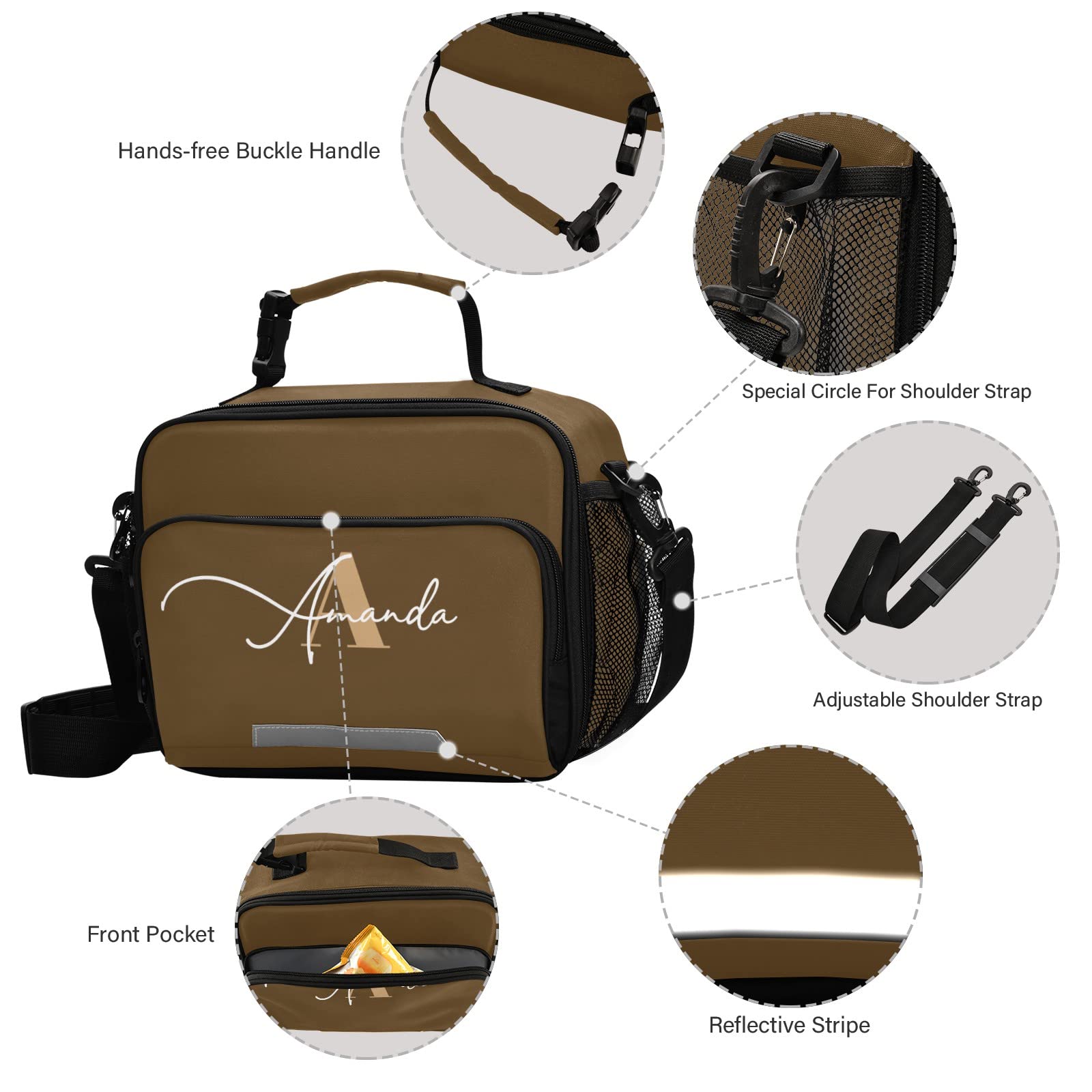 Custom Insulated Brown Lunch Bag with Adjustable Shoulder Strap - Lightweight Thermal Lunch Box for Women, Students - Perfect for Work, School, Picnic & Outdoor Activities