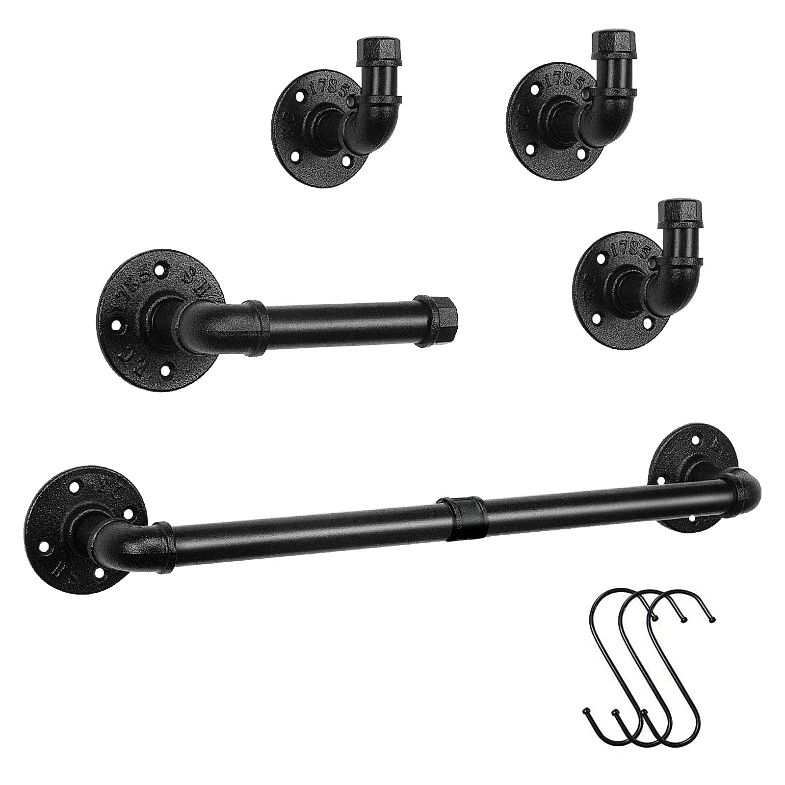 Industrial Iron Pipe Towel Rack Set - 5 Piece Bathroom Accessories Kit with Wall-Mounted Towel Bar, Toilet Paper Holder & 3 Robe Hooks (Black, 18 Inch) - Perfect for Modern Farmhouse, Loft & Industrial Style Bathrooms