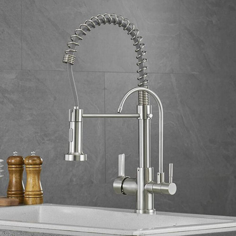 3-in-1 Pull Down Kitchen Faucet with Brushed Nickel Finish, 360° Swivel Sprayer & Built-in Water Filter - Hot/Cold Water Mixer Tap for Drinking, Cooking & Dishwashing - Perfect for Modern Kitchens & RVs