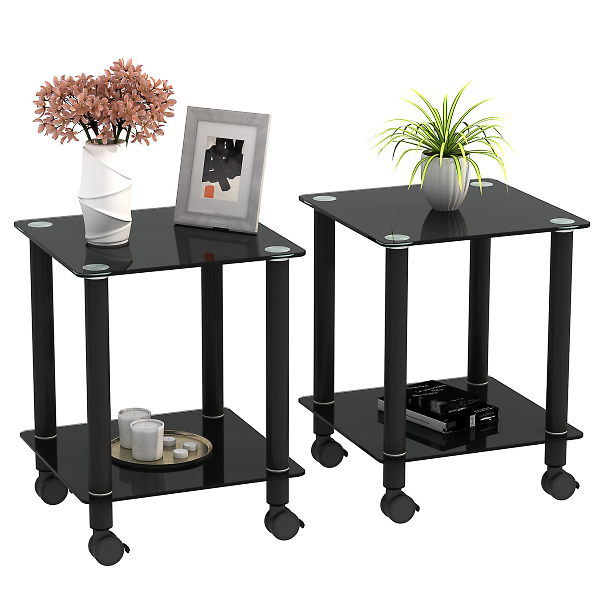 Modern Black Glass End Tables Set of 2 - Living Room Side Tables with Storage Shelf, Square Coffee Table with Metal Wheels (15.75