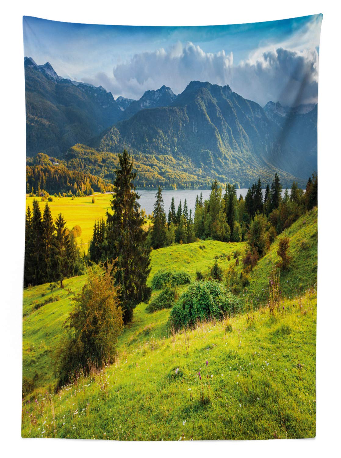 Ambesonne Waterproof Outdoor Tablecloth - Bohinj Lake Slovenia Landscape Design, 58x120 Inch Washable Picnic Table Cover for Patio, Garden & Camping | Green Blue Yellow Nature Theme | Perfect for BBQs, Parties & Outdoor Dining