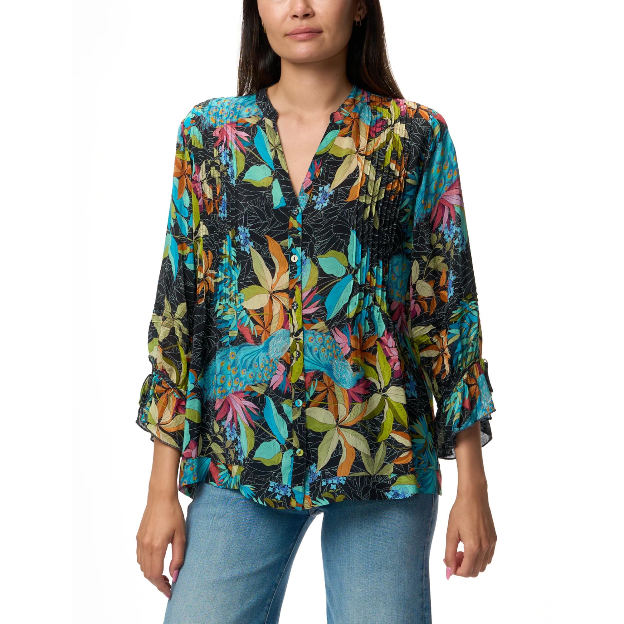 Johnny Was Vacanza Blouse - Floral Peacock Print Deep Black Button Up Shirt Top for Women, Small | Boho Chic Style for Casual Wear, Date Nights & Summer Outfits