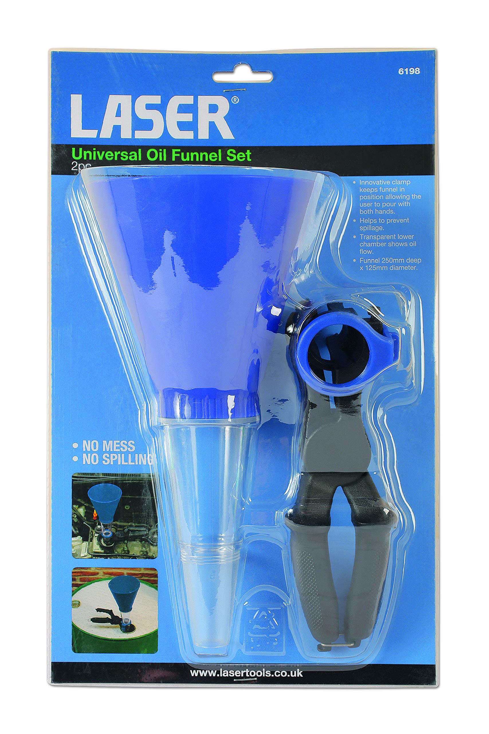 Laser 6198 Universal Oil Funnel Set - 2 Piece Car Engine Fluid Filler Kit for Motorcycle, ATV, Lawn Mower & Automotive Maintenance - Durable Plastic Oil Change Accessories