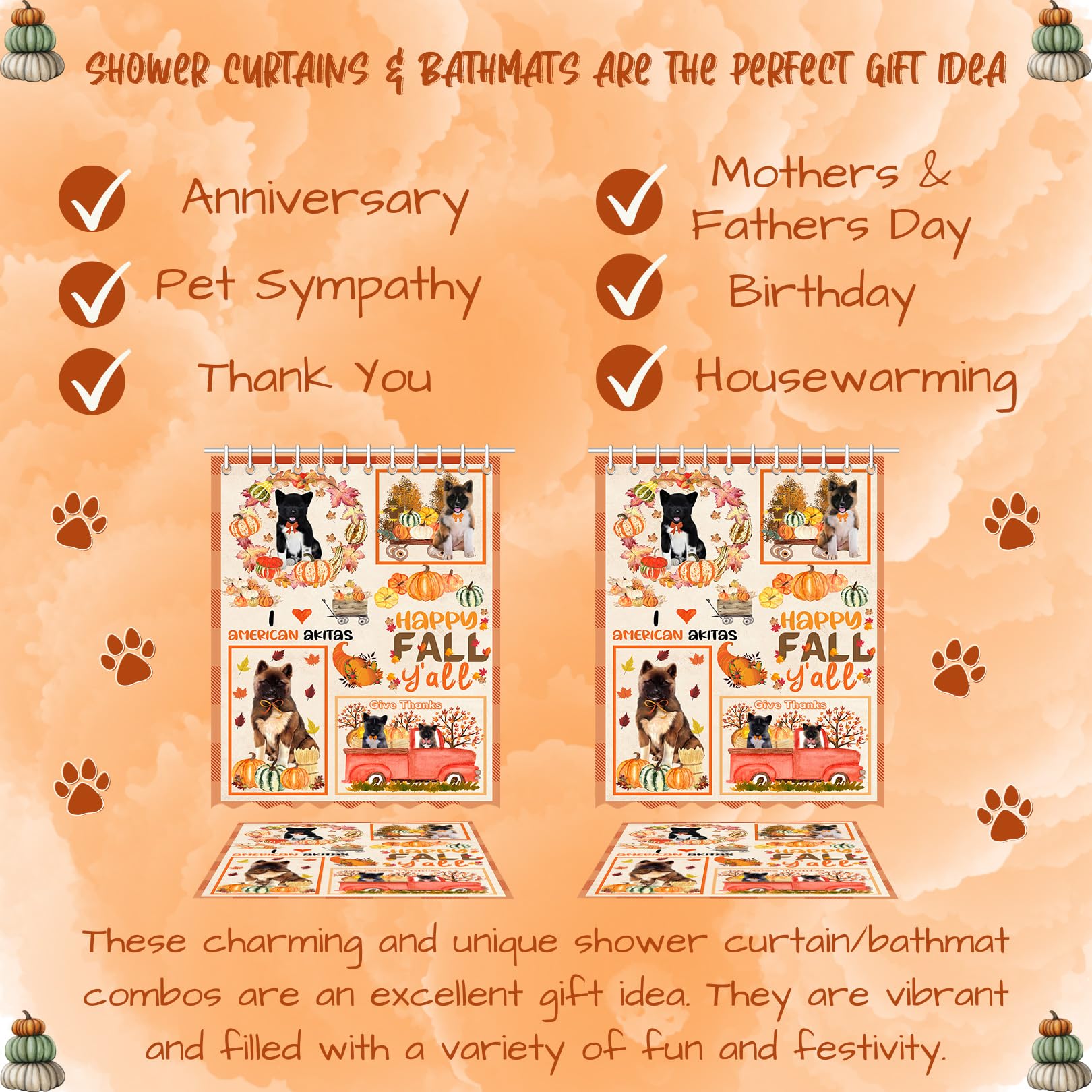 Non-Slip Pumpkin American Akita Dog Bath Mat & Shower Curtain Set - Plush Bathroom Decor Rug with Polyester Bathtub Curtain (16''x28'' Mat + 69