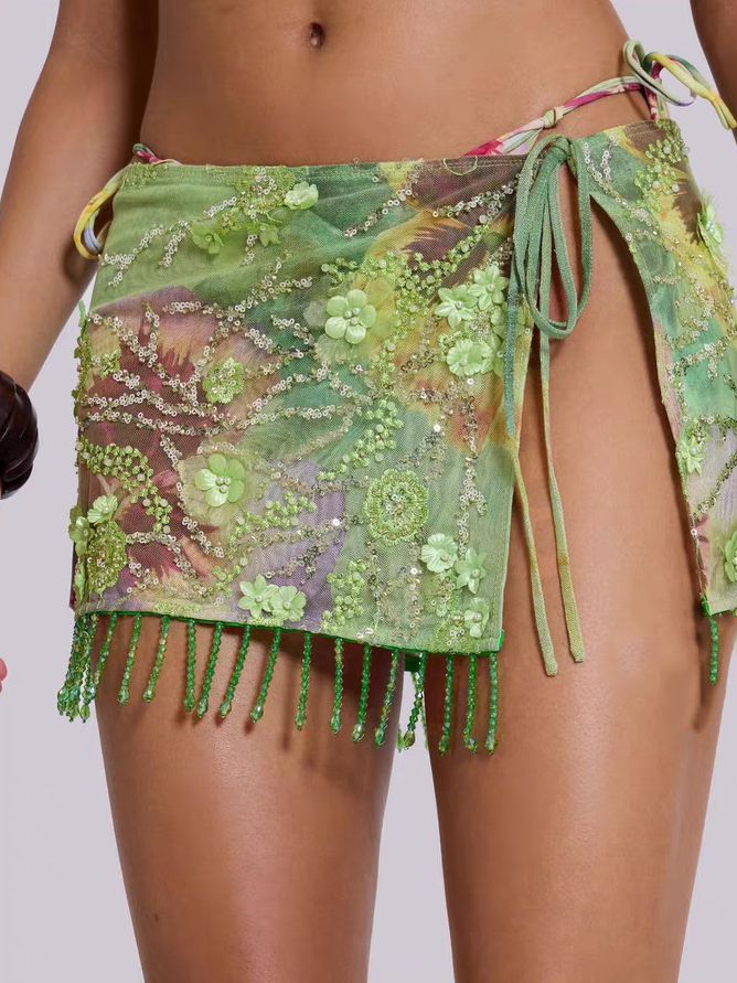 ZASUWA Women's Sexy Floral Sequin Tassel Mesh 3-Piece Lace Up Bikini Set - Perfect for Beach Vacations, Pool Parties & Summer Getaways
