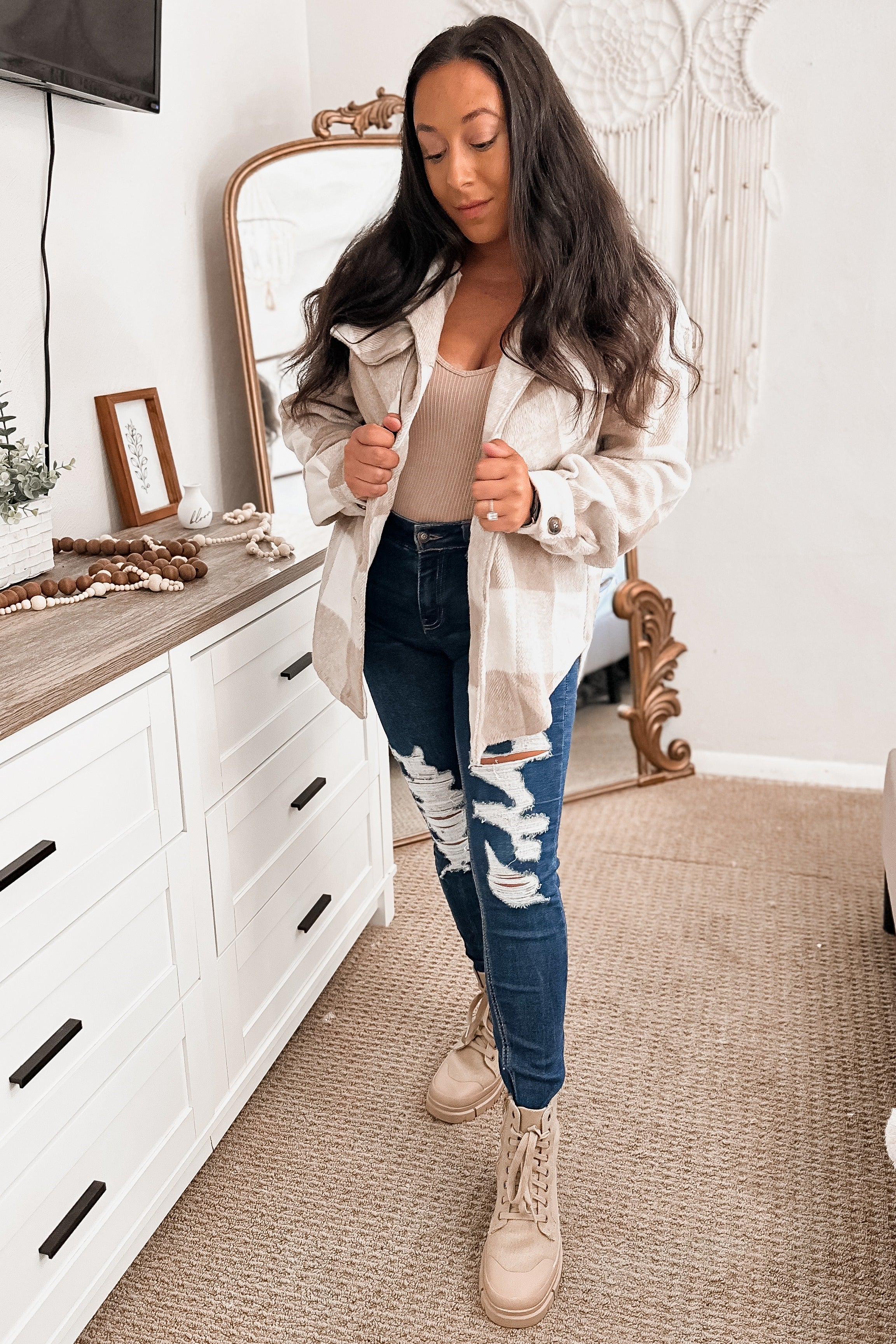 Beige Plaid Knit Shirt Jacket for Women - Cozy Oversized Button Up Cardigan Sweater | Perfect for Fall Layering, Casual Outfits & Outdoor Activities