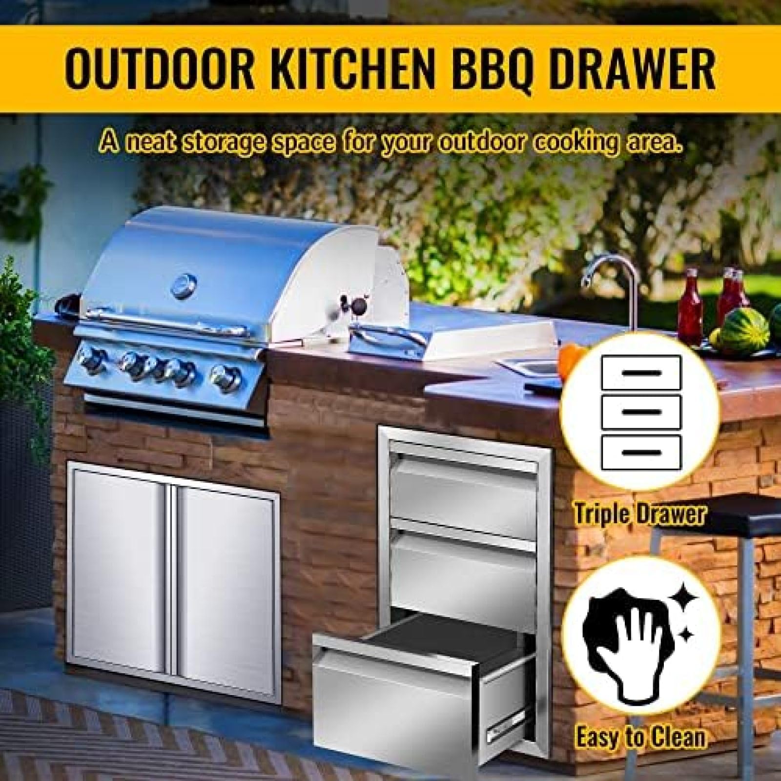 Premium Outdoor Kitchen Drawers - Flush Mount BBQ Storage with Embedded Stainless Steel Handle - 17W x 30H x 21D Inch - Perfect for Patio Grill Station & BBQ Island Organization - Ideal for Outdoor Cooking, Entertaining & Backyard Parties