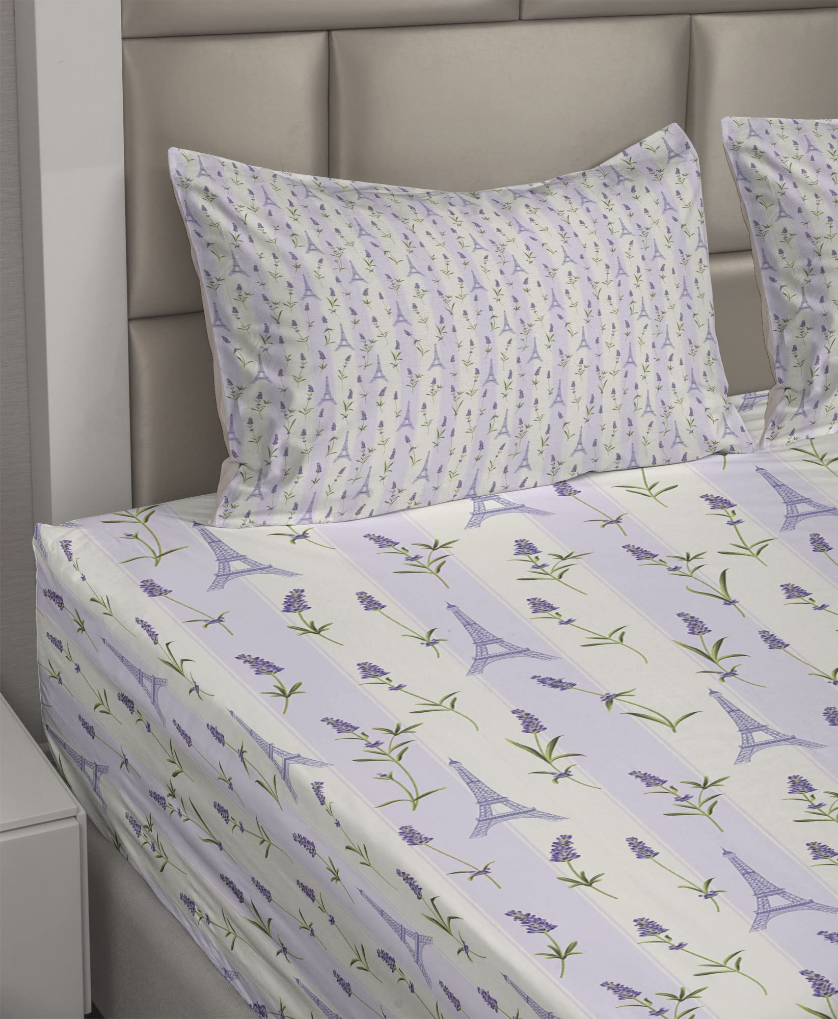 Ambesonne Paris Floral Bed Sheet Set - Lavender Flowers on Soft Stripes 4-Piece King Size, Pale Green & Lavender | Luxury Bedroom Decor for Master Bedroom, Guest Room & Vacation Homes