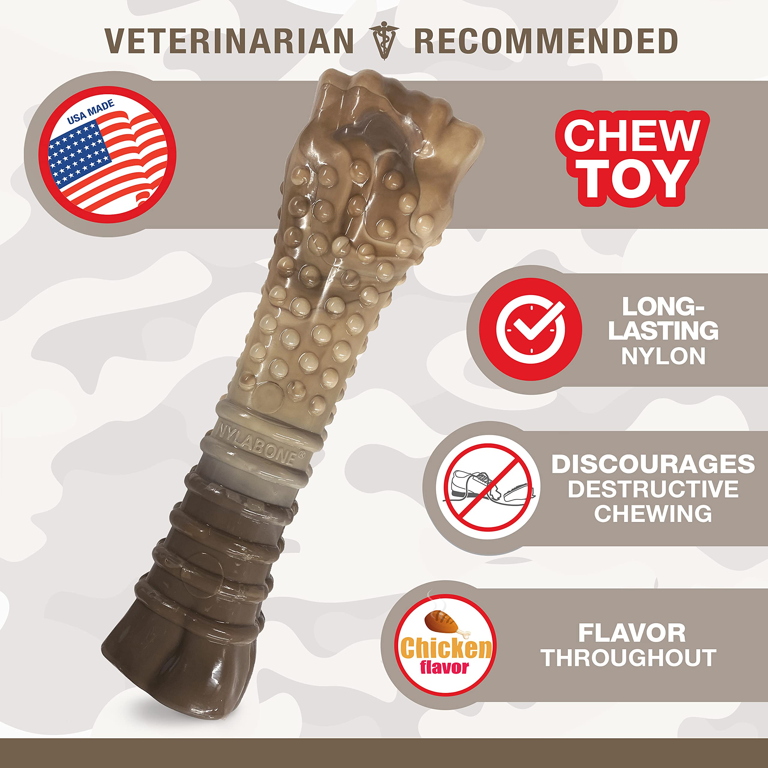 Nylabone Power Chew Camo Dog Toy - Durable Chew Toys for Aggressive Chewers & Large Breed Dogs (50+ lbs) - Indestructible Chicken Flavor Dog Bone for Extra Large Dogs - Perfect for Playtime, Training & Dental Health