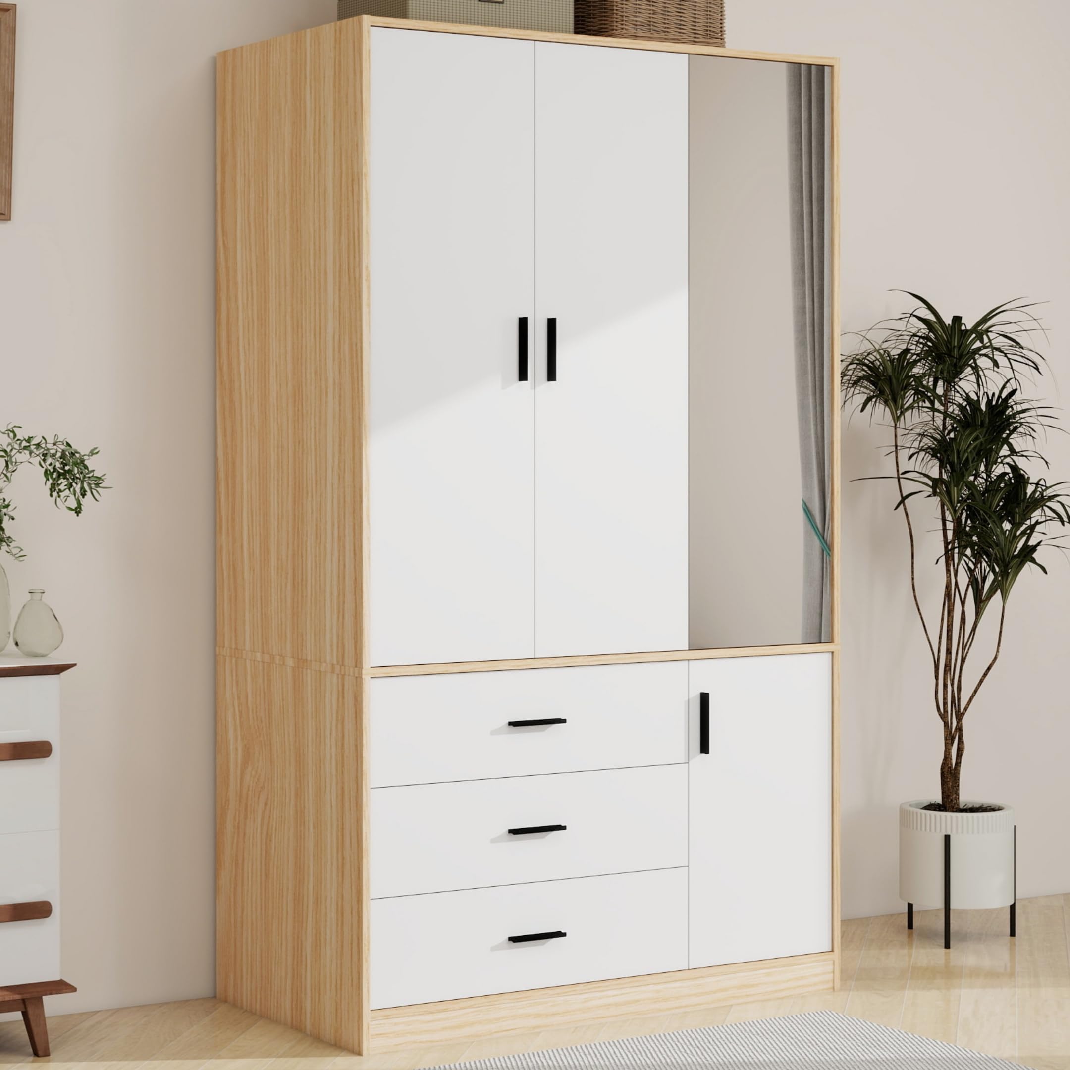 3-Door Wooden Wardrobe Closet with Mirror & 3 Drawers - Freestanding Storage Cabinet with Hanging Rod - Perfect for Bedroom, Guest Room or Dorm Organization