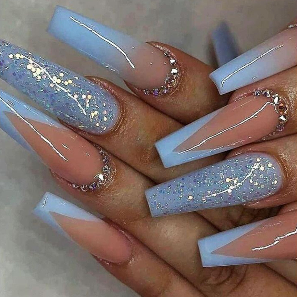 24Pcs Ballet Full Cover Fake Nails - Flower & Butterfly Design with Rhinestones | Press on False Nails for Manicure | Perfect for Weddings, Parties & Special Occasions