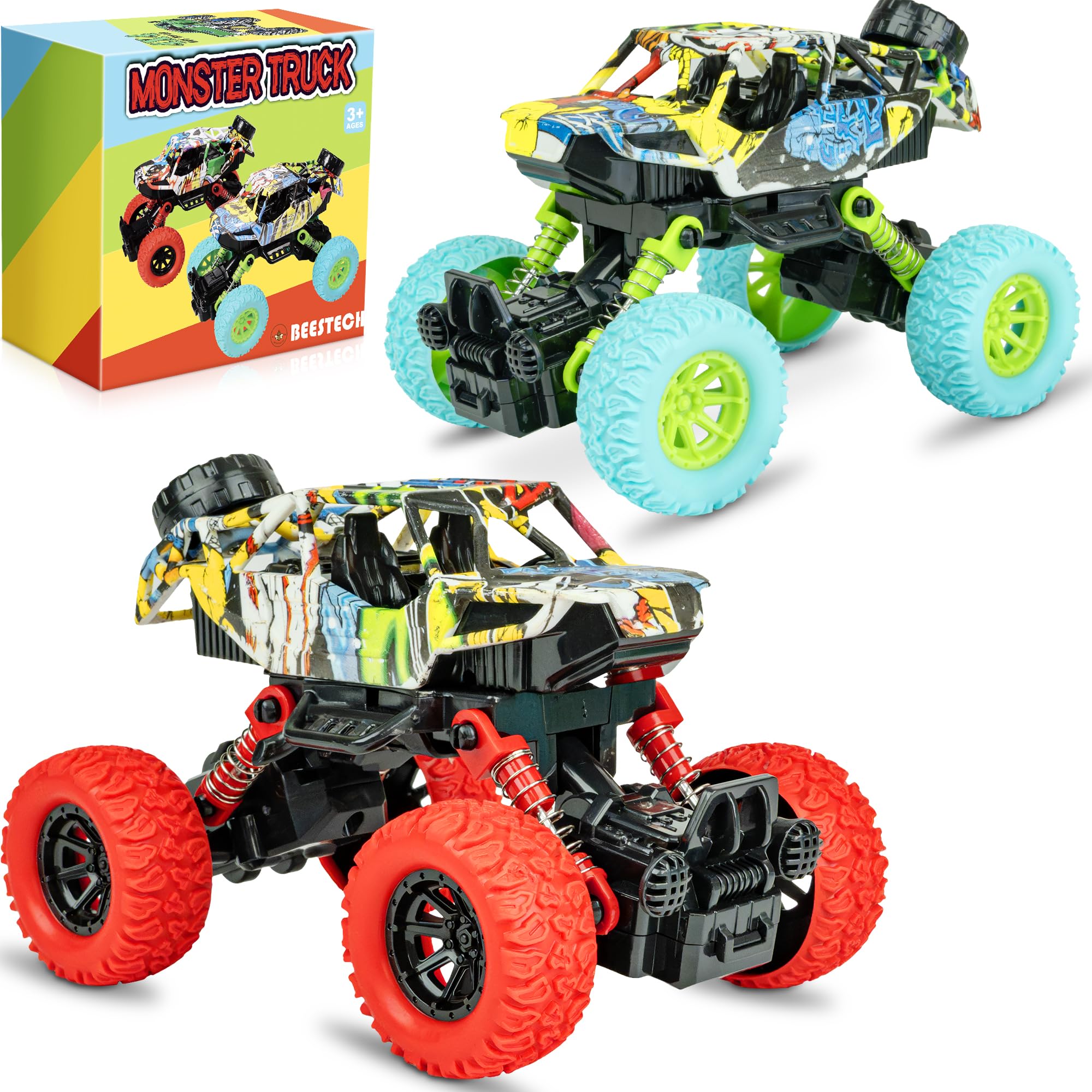 6.3 Inch Pull Back Monster Truck Toys for Boys Ages 3-7 - 2 Pack Friction Powered Vehicle Play Set - Perfect for Indoor Play, Birthday Gifts & Outdoor Adventure Games