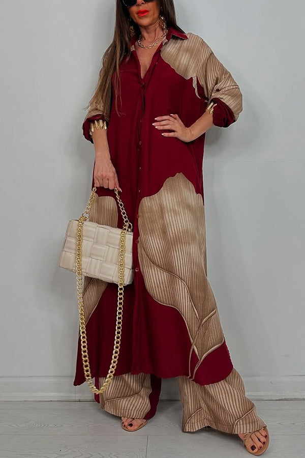 Stylish Printed Casual Loose Long Shirt & Elastic Waist Pocket Wide Leg Pants Set - Women's Comfortable Outfit for Work, Travel and Daily Wear