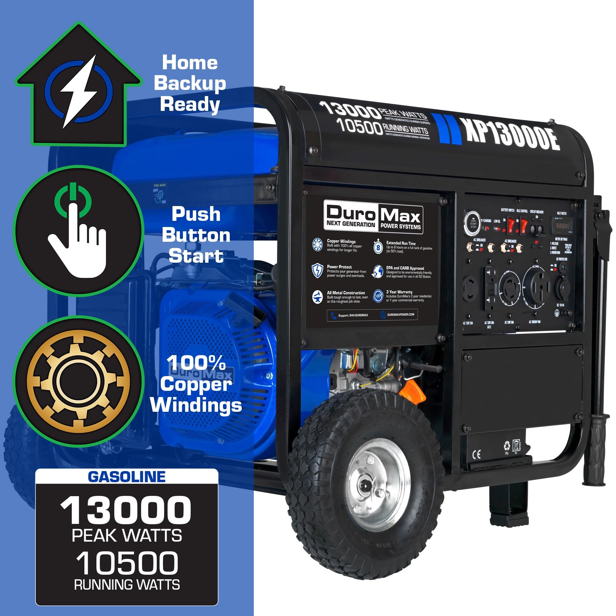 DuroMax XP13000E 10500W/13000W Dual Fuel Portable Generator with Electric Start - Perfect for Home Backup Power, Camping & Emergency Use