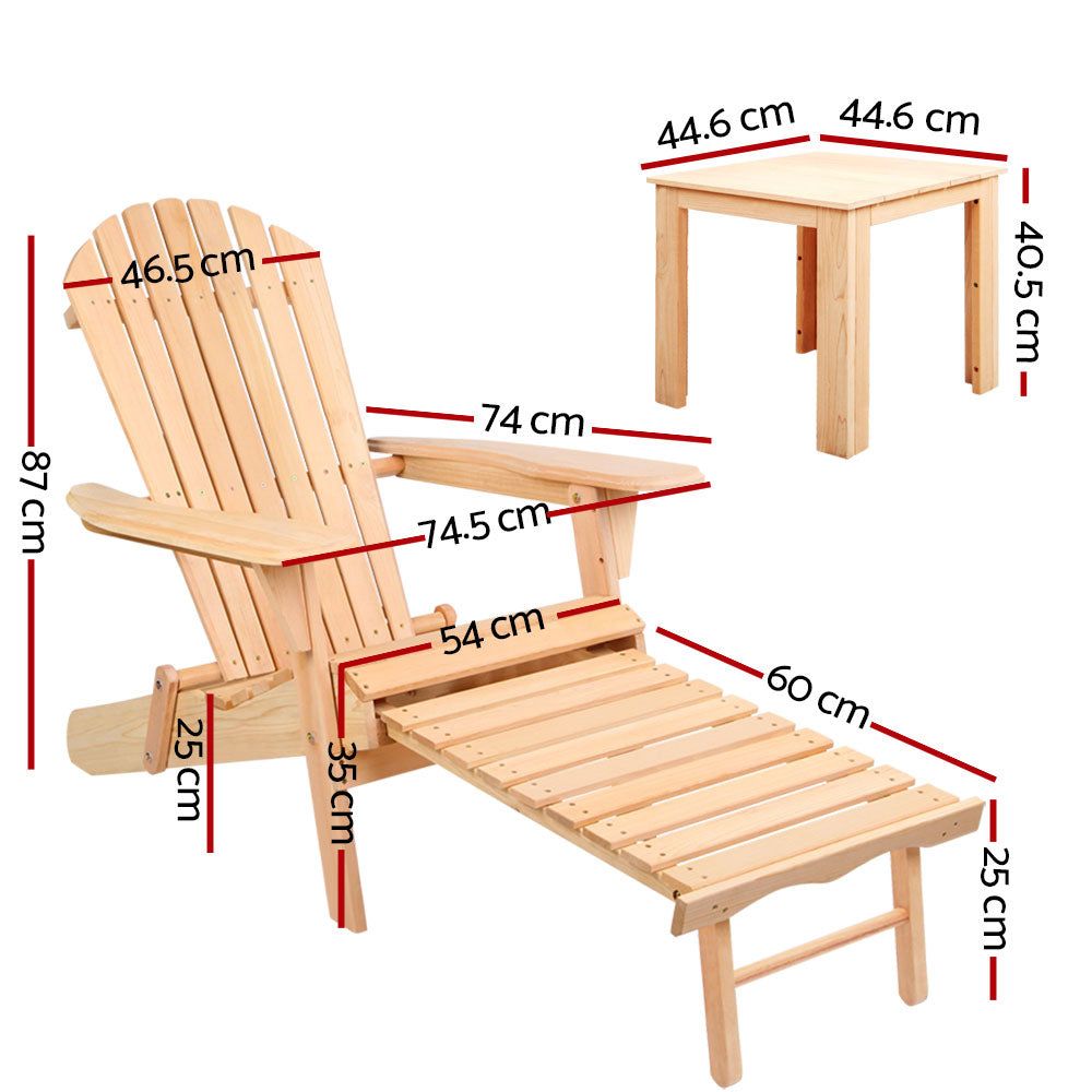 Premium Wooden Adirondack Chair - Outdoor Patio Sun Lounge Beach Chair with Side Table - Natural Finish for Backyard, Poolside & Coastal Relaxation