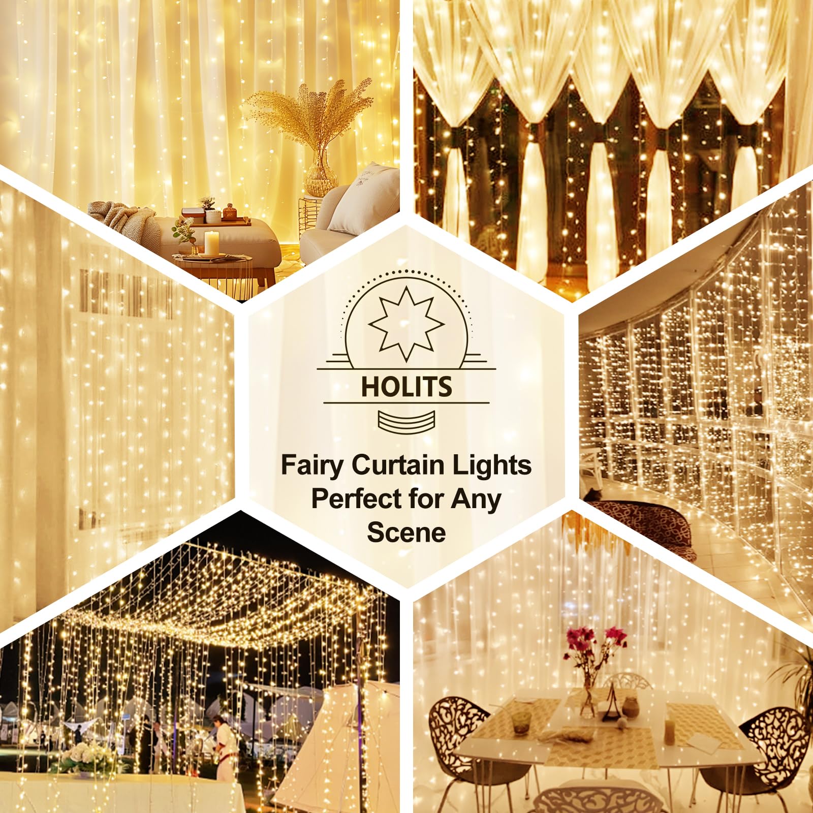 300 LED Fairy Curtain Lights - 9.8 x 9.8FT Warm White USB String Lights with Remote Control (8 Lighting Modes) for Christmas Decorations, Bedroom, Wedding, Party & Outdoor Use - Indoor/Outdoor Waterproof Hanging Lights for Home, Garden, Patio and Special Events