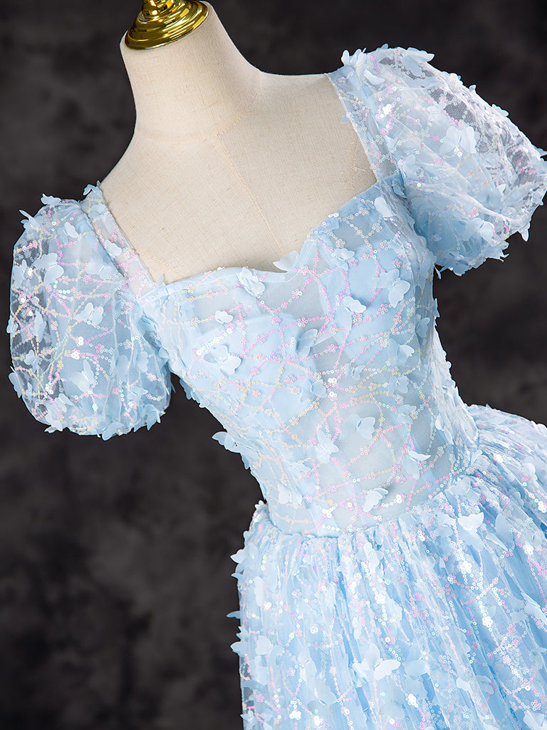 Elegant A-Line Puff Sleeves Tulle Lace Blue Short Prom Dress | Homecoming Party Dress | Perfect for Prom Night, Quinceañera & Special Occasions