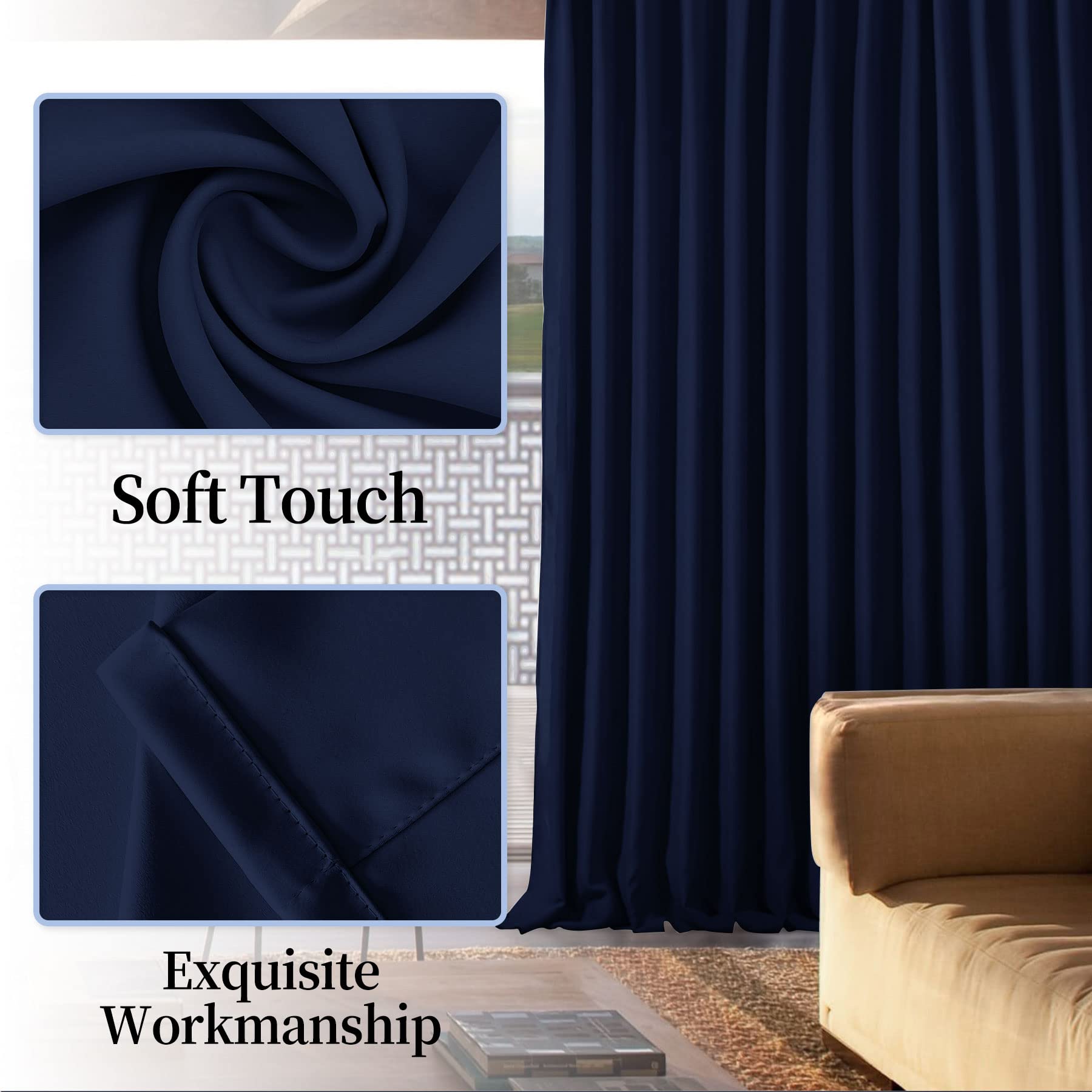 Frelement 100 Inch Wide Blackout Curtains - Thermal Insulated Room Darkening Drapes with Grommet Top for Bedroom, Living Room & Office - Noise Reducing Energy Saving Window Treatment, Navy Blue, 100
