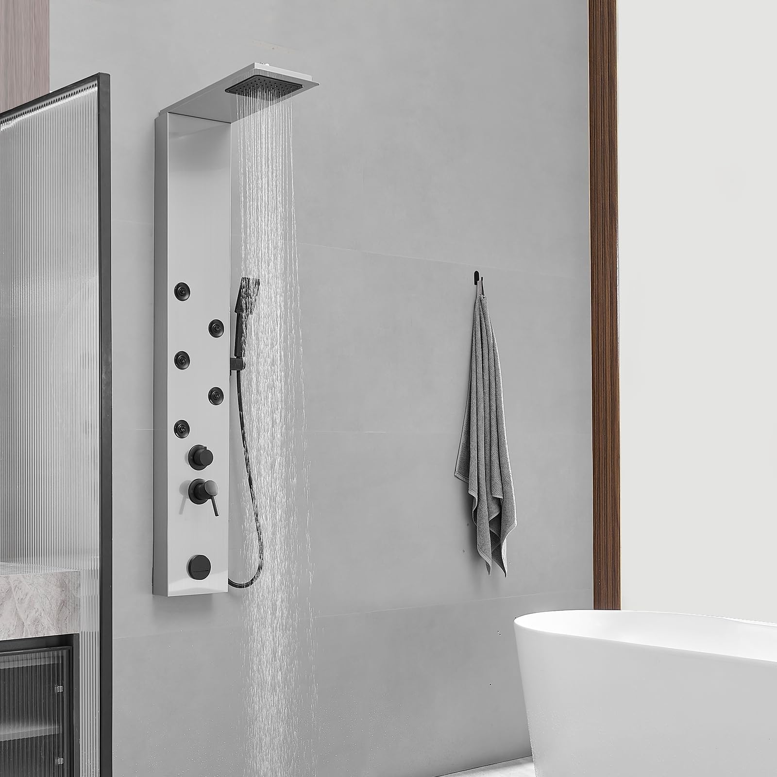 Premium Stainless Steel Shower Panel Tower System with Rainfall Shower Head, 5 Adjustable Body Jets, Handheld Spray & Tub Spout in Brushed Nickel - Perfect for Spa-Like Bathroom Upgrades & Luxury Home Renovations
