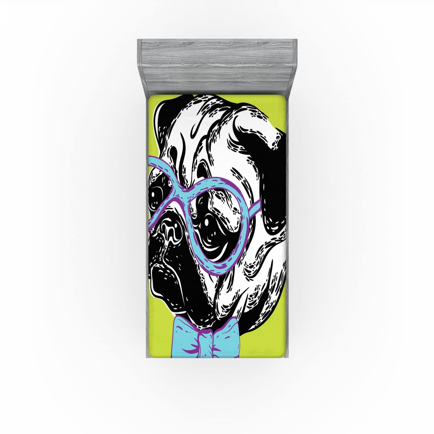 Ambesonne Pug Fitted Sheet - Twin XL, Dog Design with Bow Tie & Glasses - Apple Green & Pale Blue - Perfect for Kids' Rooms & Pet Lovers