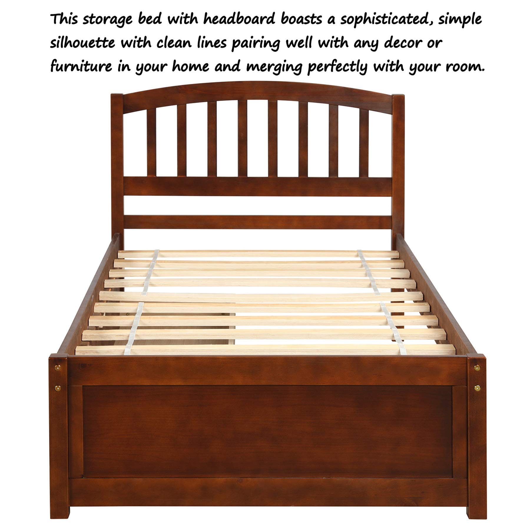 P PURLOVE Twin Wood Storage Bed Frame with 2 Drawers & Headboard - Space-Saving for Small Bedrooms