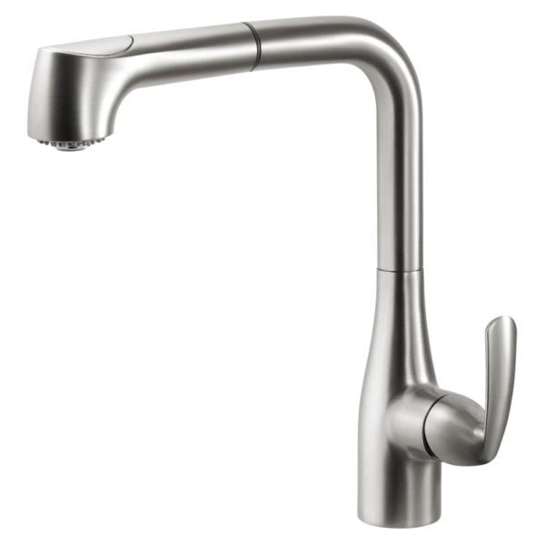 QUPO 2020 BN Brushed Nickel Dual Function Pull-Out Kitchen Faucet - High Arc Modern Design for Easy Dishwashing & Food Prep