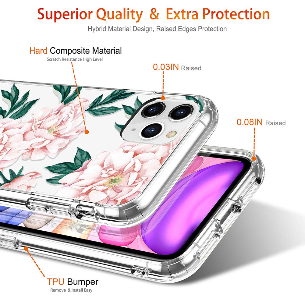 GiiKa iPhone 11 Pro Max Case with Screen Protector - Clear Floral Design Shockproof Hard PC & Slim TPU Bumper Cover for Women (Pink Flowers) | Perfect for Everyday Protection, Work, School & Travel