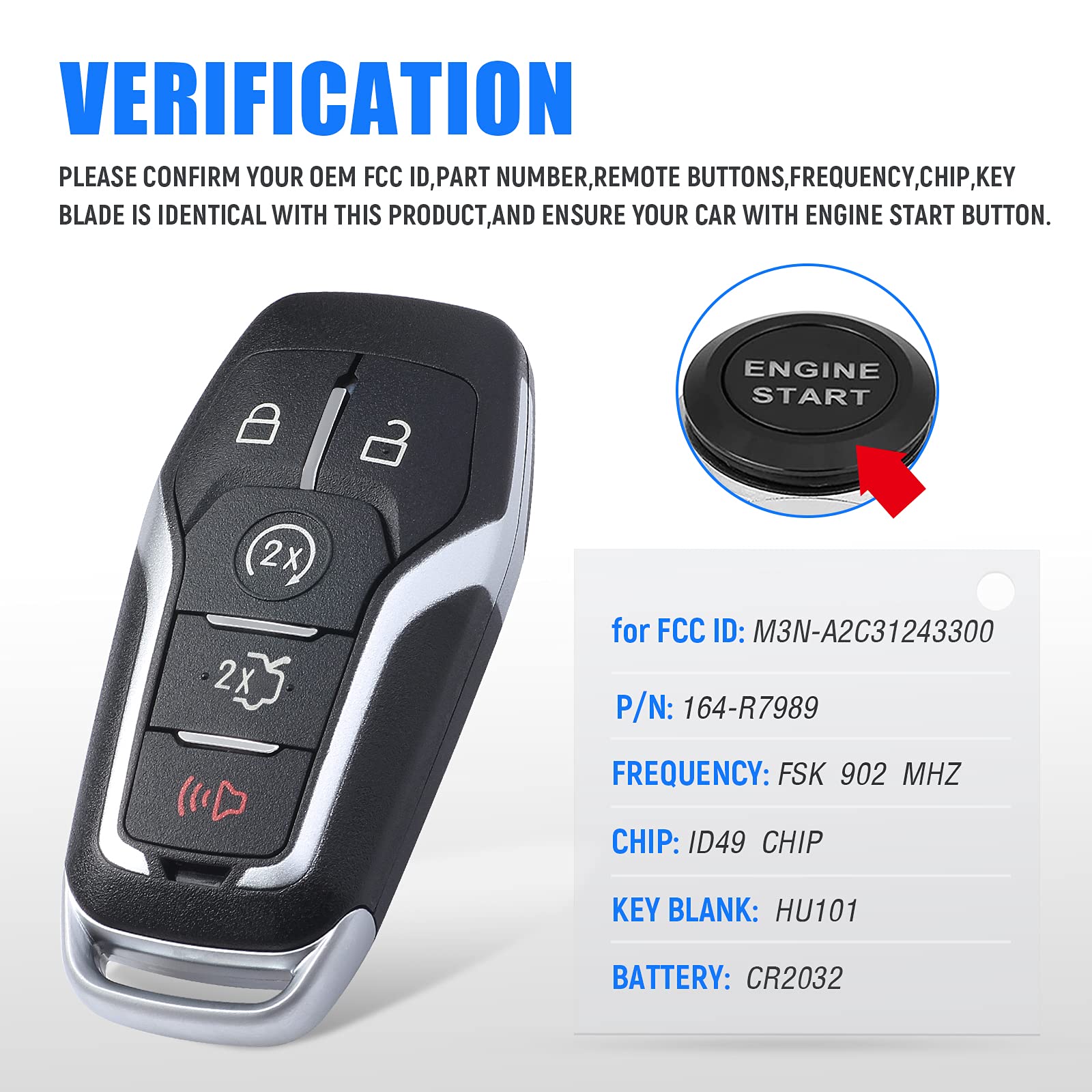 Ford Explorer Edge Mustang 2015-2018 Smart Keyless Entry Remote Prox Key Fob Replacement - Compatible with Push Start & Proximity Lock/Unlock - Perfect for Lost or Damaged Key Fob Replacement