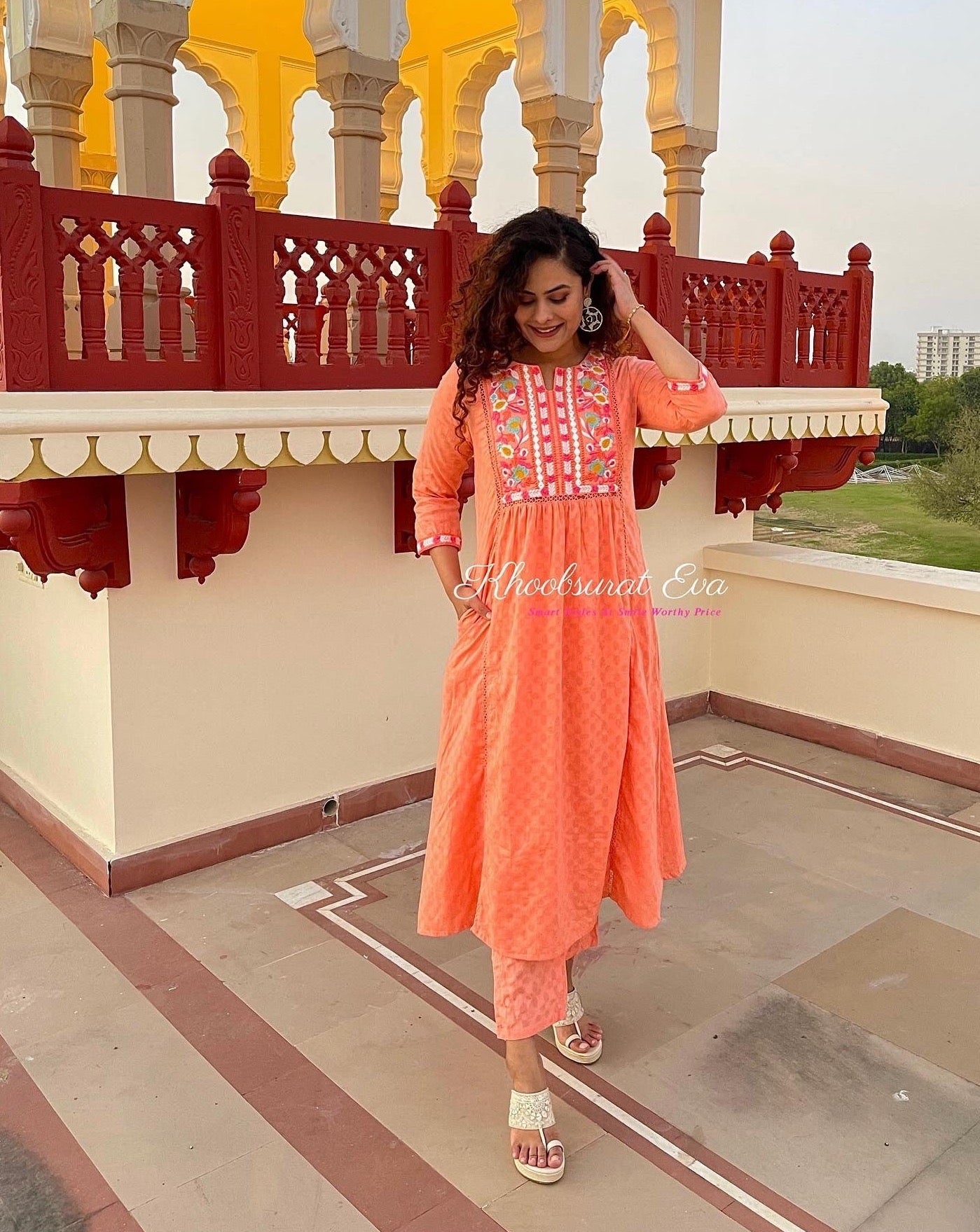 PEACH EMBROIDERED COTTON COORD SET - Women's Summer Outfit for Casual Wear, Beach & Vacation | 2-Piece Matching Set with Floral Design